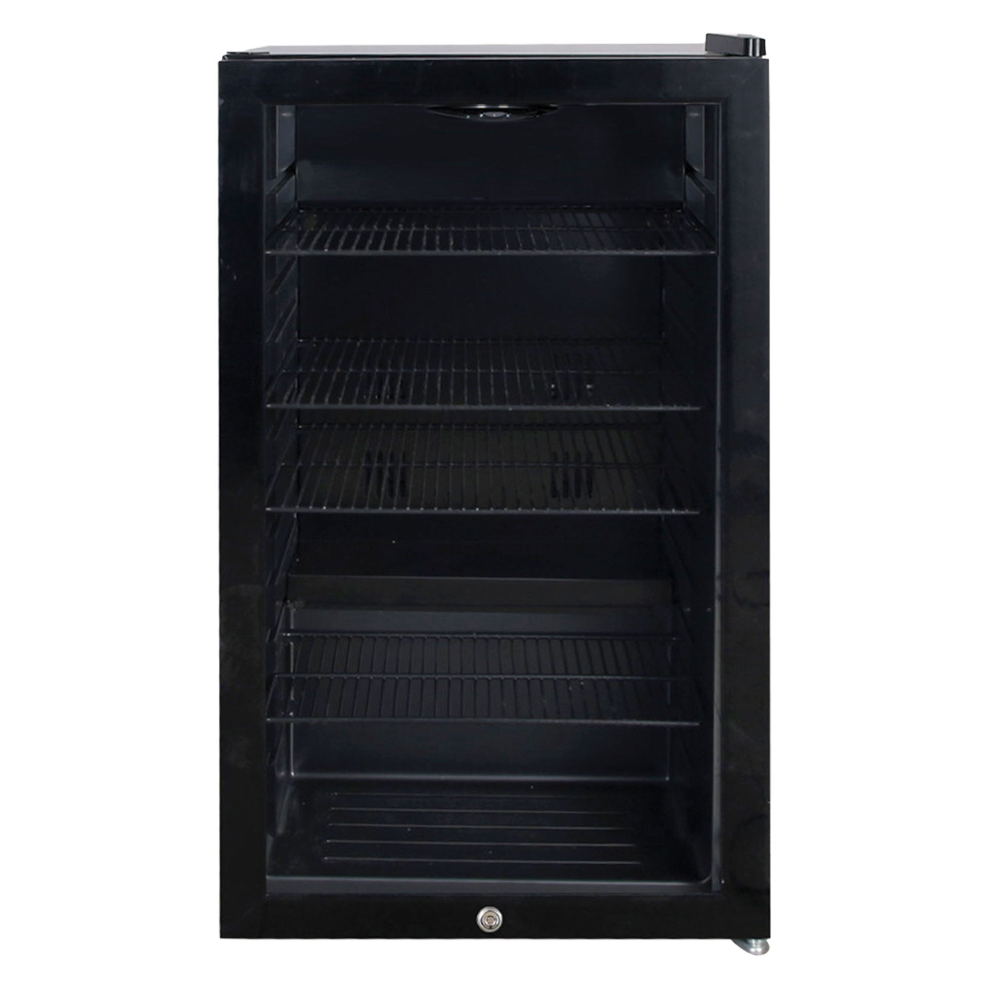 The Igenix Under Counter Drinks Fridge, 98 Litre, Black features a glass door, four wire shelves, and is shown open and empty. Its spacious design is perfect for storing your favorite beverages.