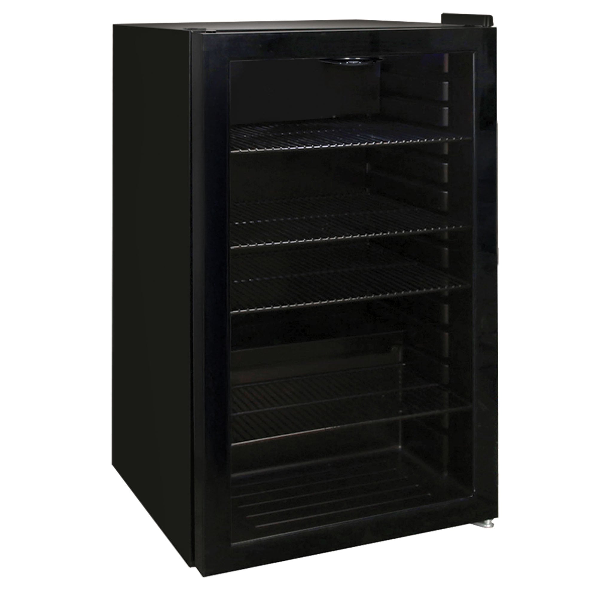 The Igenix Under Counter Drinks Fridge, 98 Litre, Black features a glass front door, spacious interior, and multiple wire shelves—ideal for stylishly chilling your beverages.