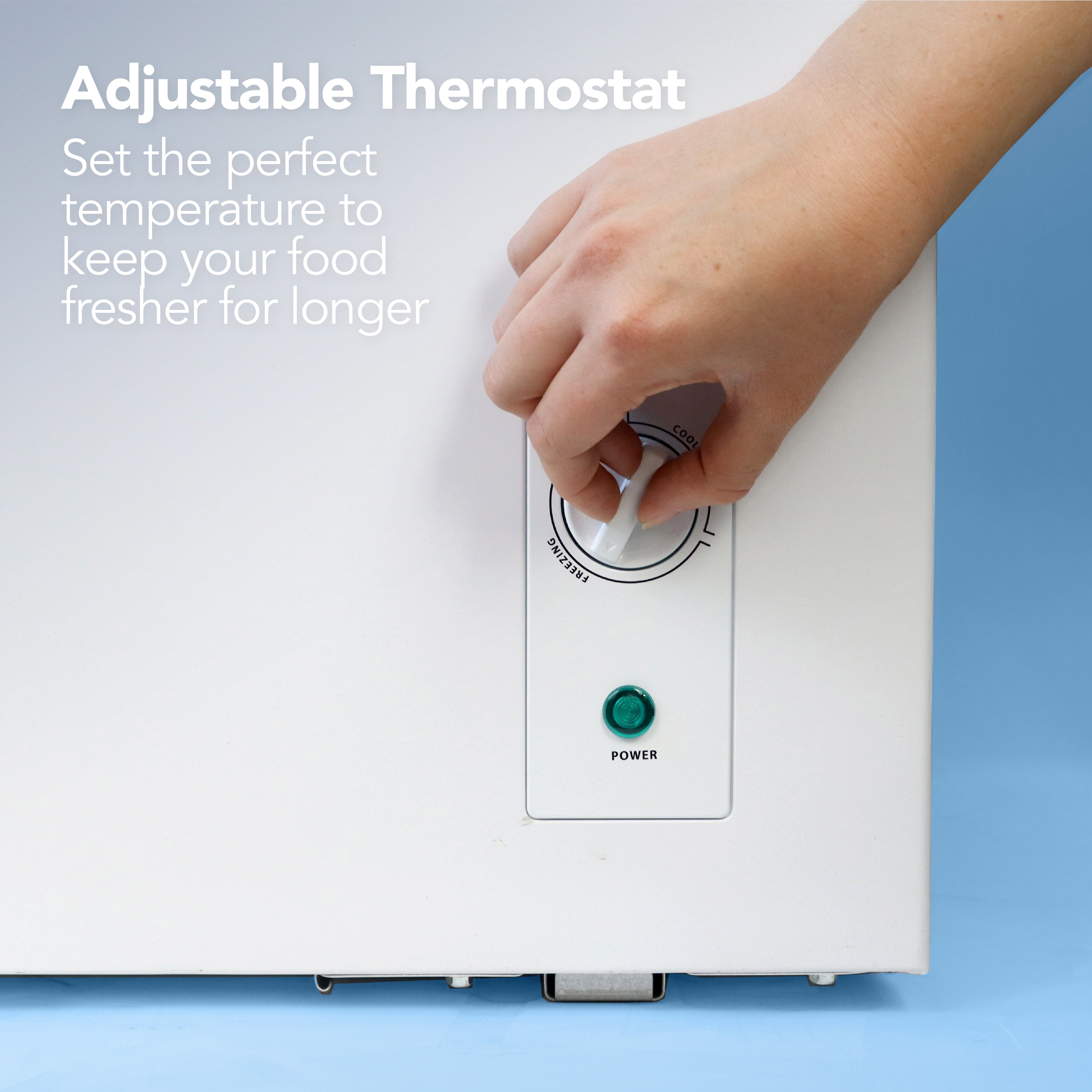 An Igenix Freestanding Chest Freezer (198 Litre, White) features an adjustable thermostat—set the ideal temperature to keep food fresh for longer. Capacity is shown against a blue background.