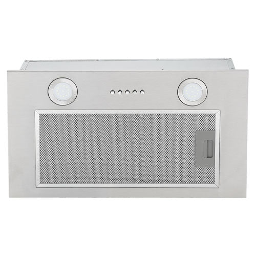 The Igenix 52cm 37W Canopy Cooker Hood in stainless steel features two circular lights, five push buttons, and a front mesh filter panel—an ideal, sleek extractor for any modern kitchen.