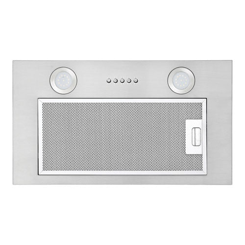 The Igenix 52cm 37W Canopy Cooker Hood in stainless steel offers two round lights, central controls, and a rectangular mesh filter with handle—making it a stylish built-in extractor for any modern kitchen.