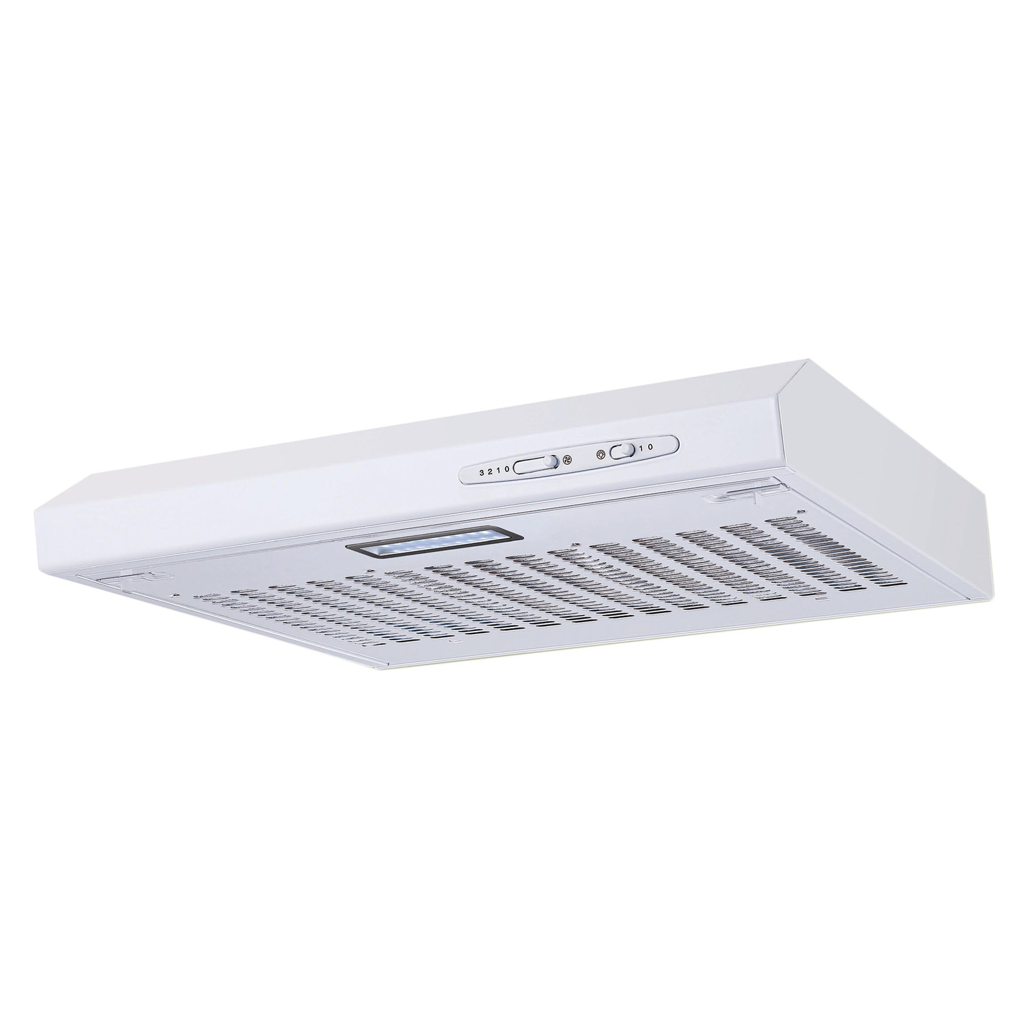 The Igenix 60cm Visor Cooker Hood 72W in white features vent slats on the underside and front panel controls, shown here from a low angle.