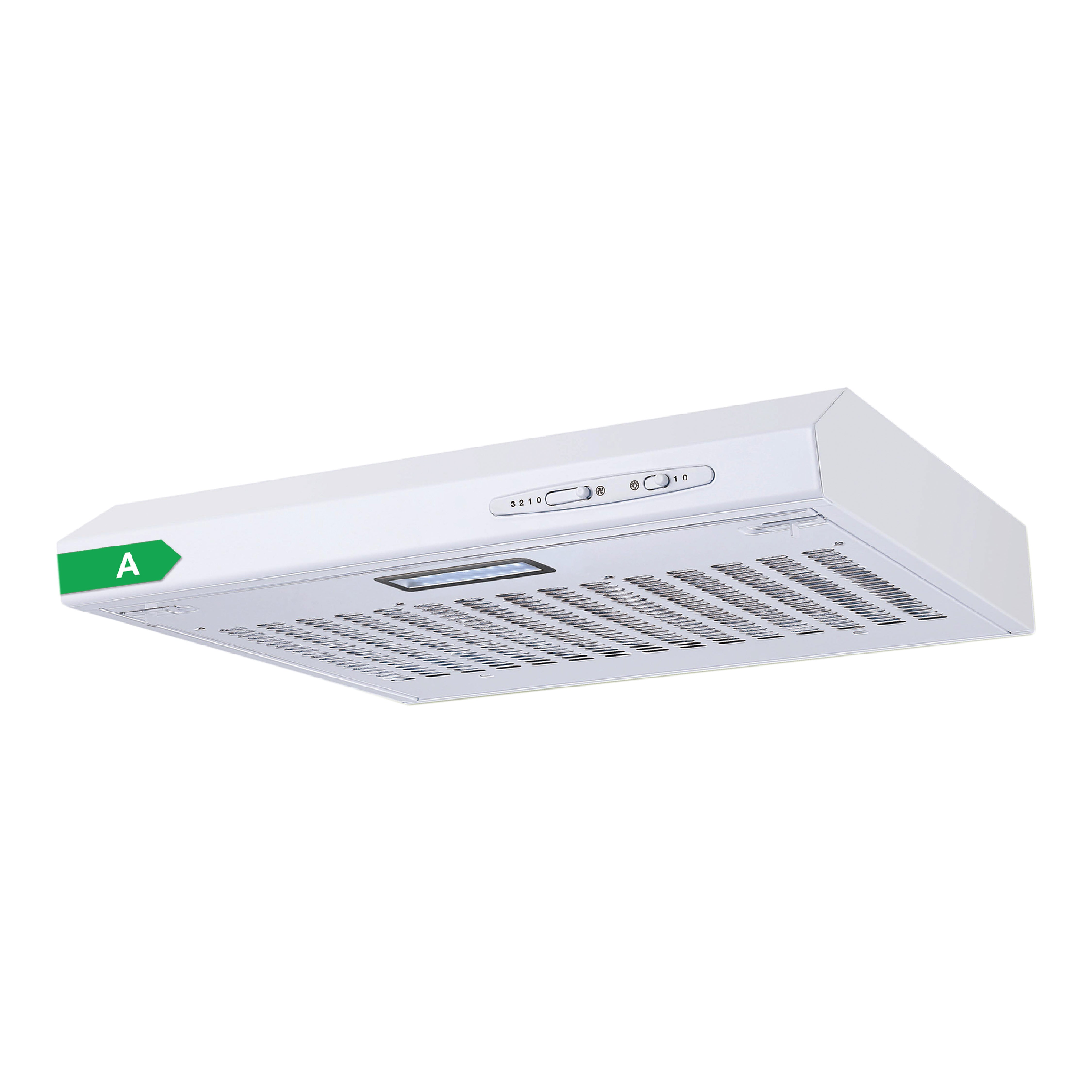 The Igenix 60cm Visor Cooker Hood 72W in white features front control switches, a vented bottom, and an A energy label—ideal as an under-cabinet extractor for modern kitchens.