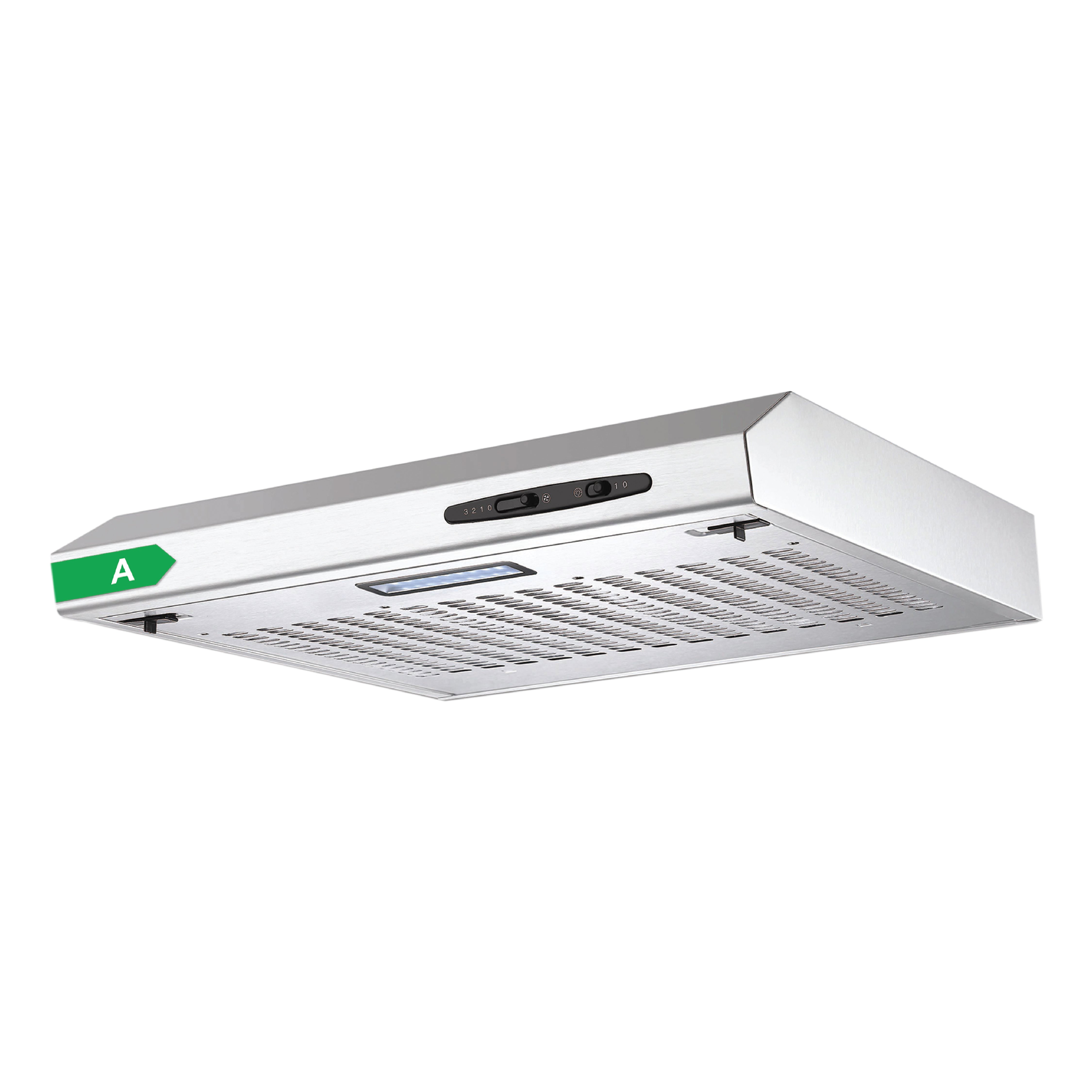 The Igenix 60cm Visor Cooker Hood (72W, Stainless Steel) has front control switches, an A energy rating label on the side, and visible vent and filter on the underside for easy maintenance.