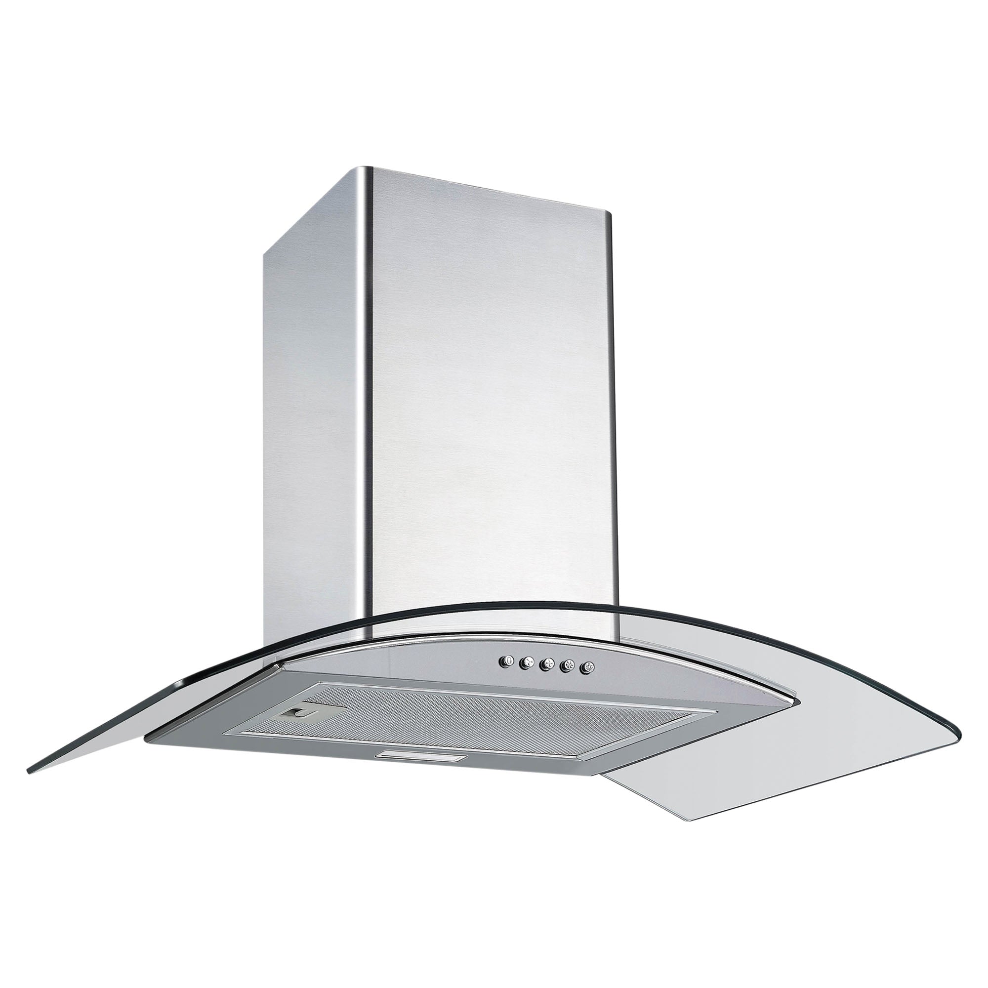 The Igenix 60CM Curved Glass Chimney Cooker Hood features a stylish stainless steel finish, wall-mounted design, front control buttons, and efficient extraction—combining modern looks with practical functionality for your kitchen.