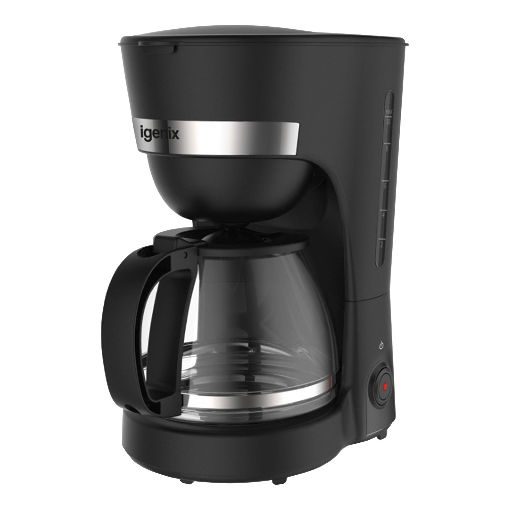 The Igenix 1.25L Filter Coffee Maker (IGCM01286B) in black features a 750W power, anti-drip system, keep warm function, boil-dry protection, dishwasher safe glass carafe, water level indicator, and side control button.