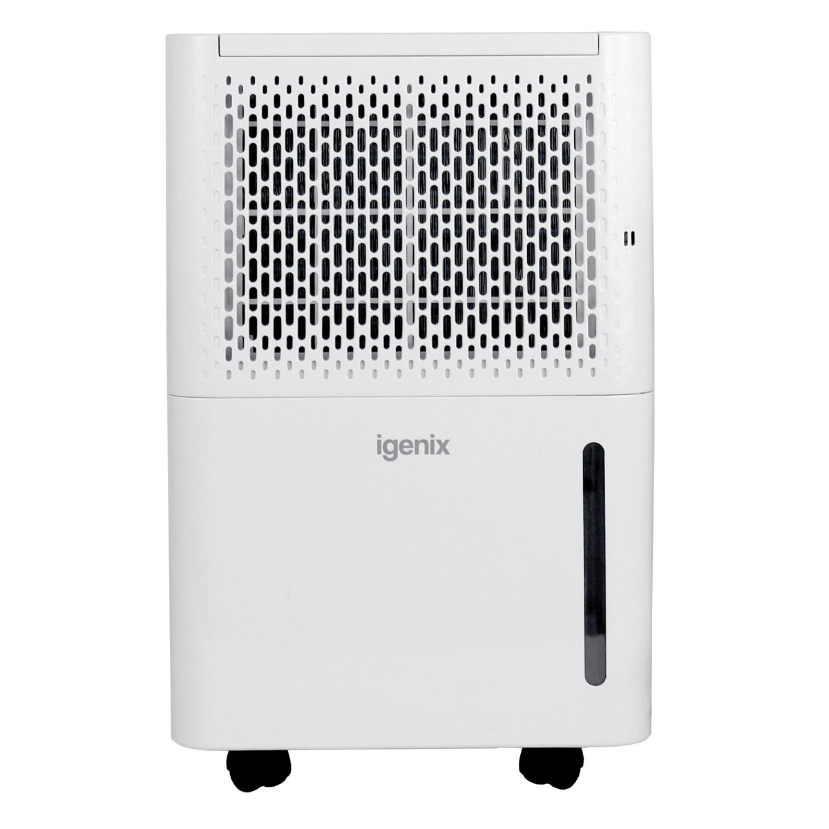 White Igenix Portable Dehumidifier, Extracts 12 Litres per Day, featuring a perforated air intake grille on top and a water level indicator window on the front.