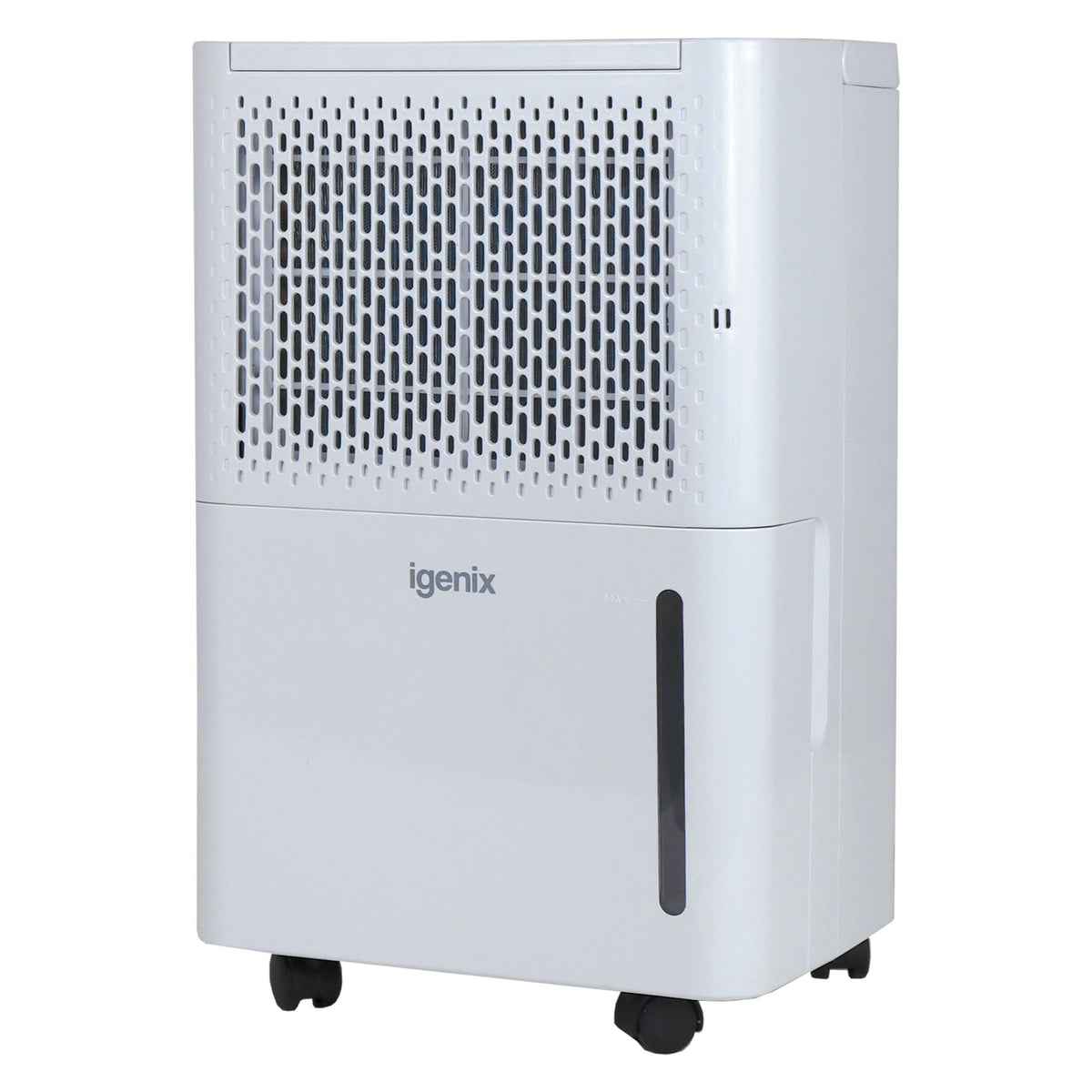 White Igenix Portable Dehumidifier, Extracts 12 Litres per Day, featuring a top vent grille, a water level window, and four caster wheels.