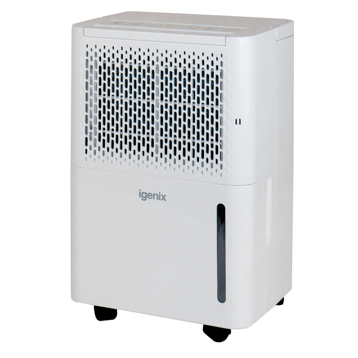 White Igenix Portable Dehumidifier, Extracts 12 Litres per Day with a front air vent, laundry drying mode, and a vertical water level window.
