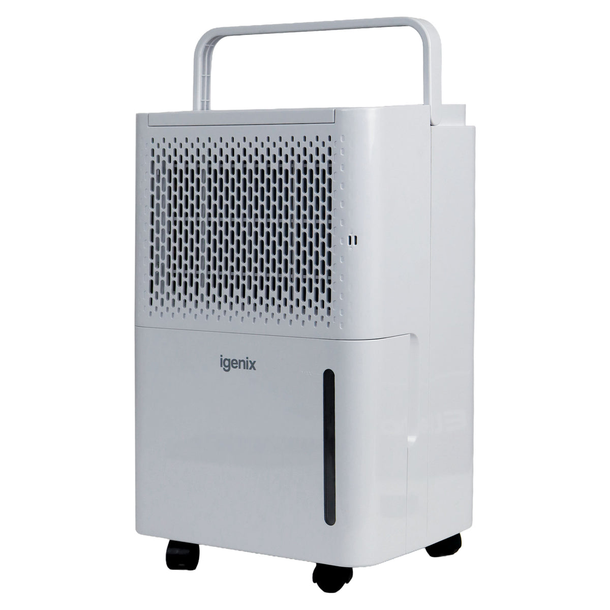 White Igenix Portable Dehumidifier, Extracts 12 Litres per Day for moisture removal, featuring a top handle, a slotted air intake, and a water level viewing window.