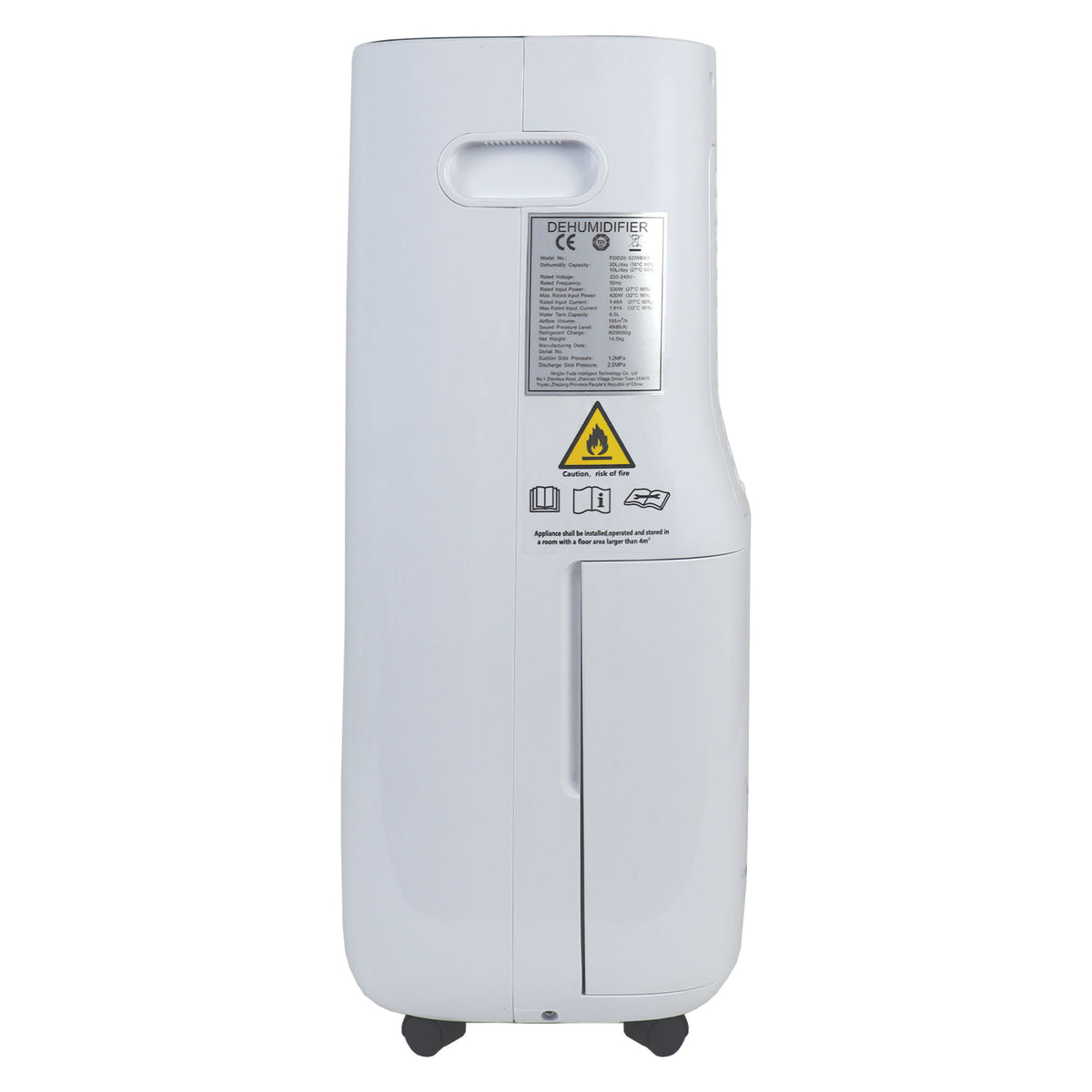 Back view of an Igenix Portable Dehumidifier, Extracts 20 Litres per Day, White, showing a technical specifications label and safety warning icons.