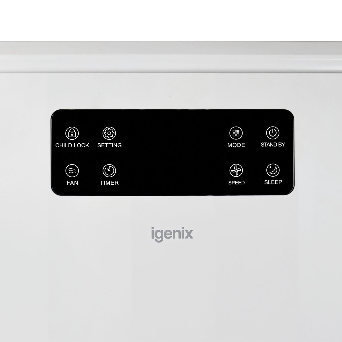 White control panel for an Igenix Portable Dehumidifier, Extracts 50 Litres per Day, White with a black display featuring touch icons for child lock, setting, mode, stand-by, fan, timer, speed, and sleep.