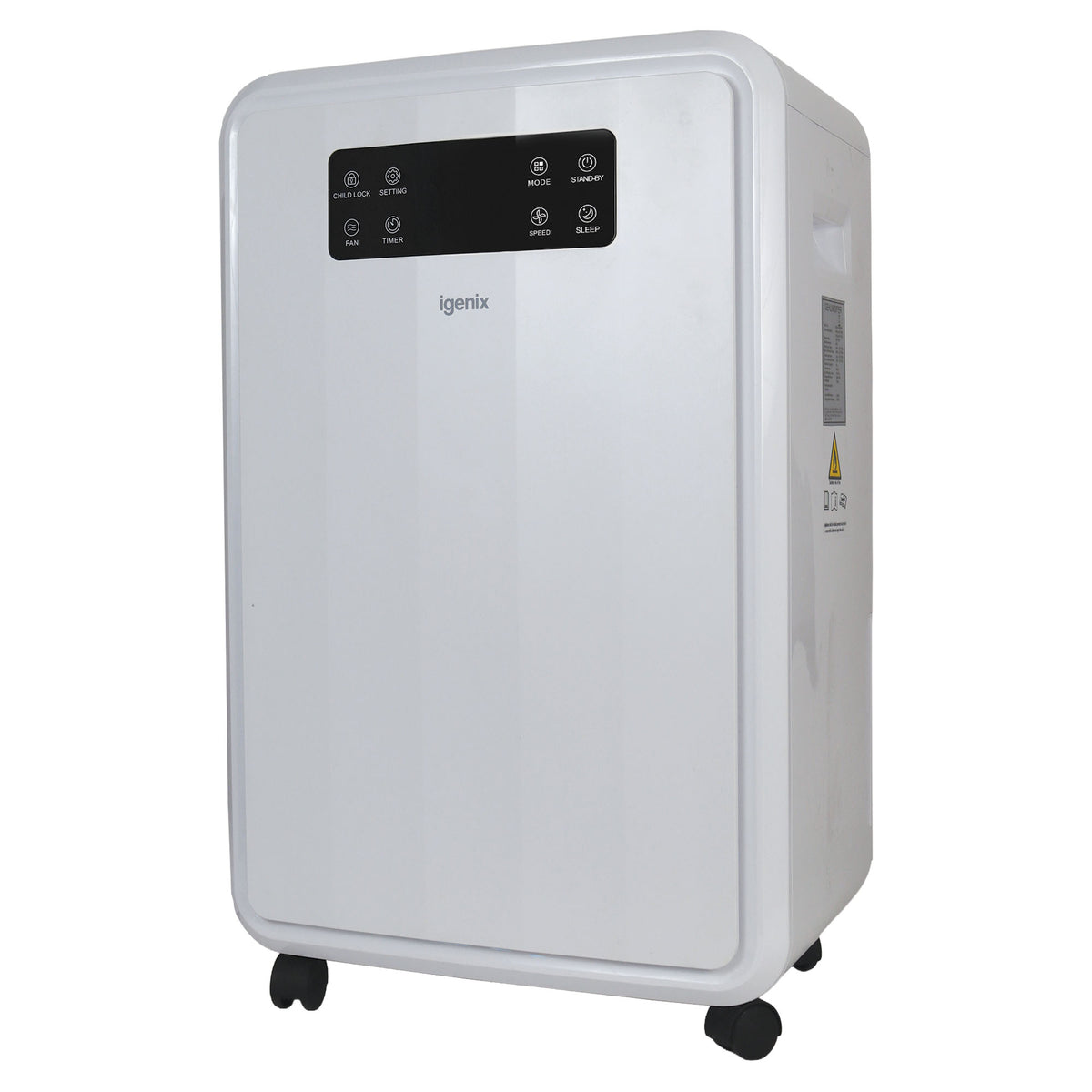 White Portable Dehumidifier, Extracts 50 Litres per Day, White by Igenix with a digital control panel on the front, mounted on four wheels to effectively remove moisture.