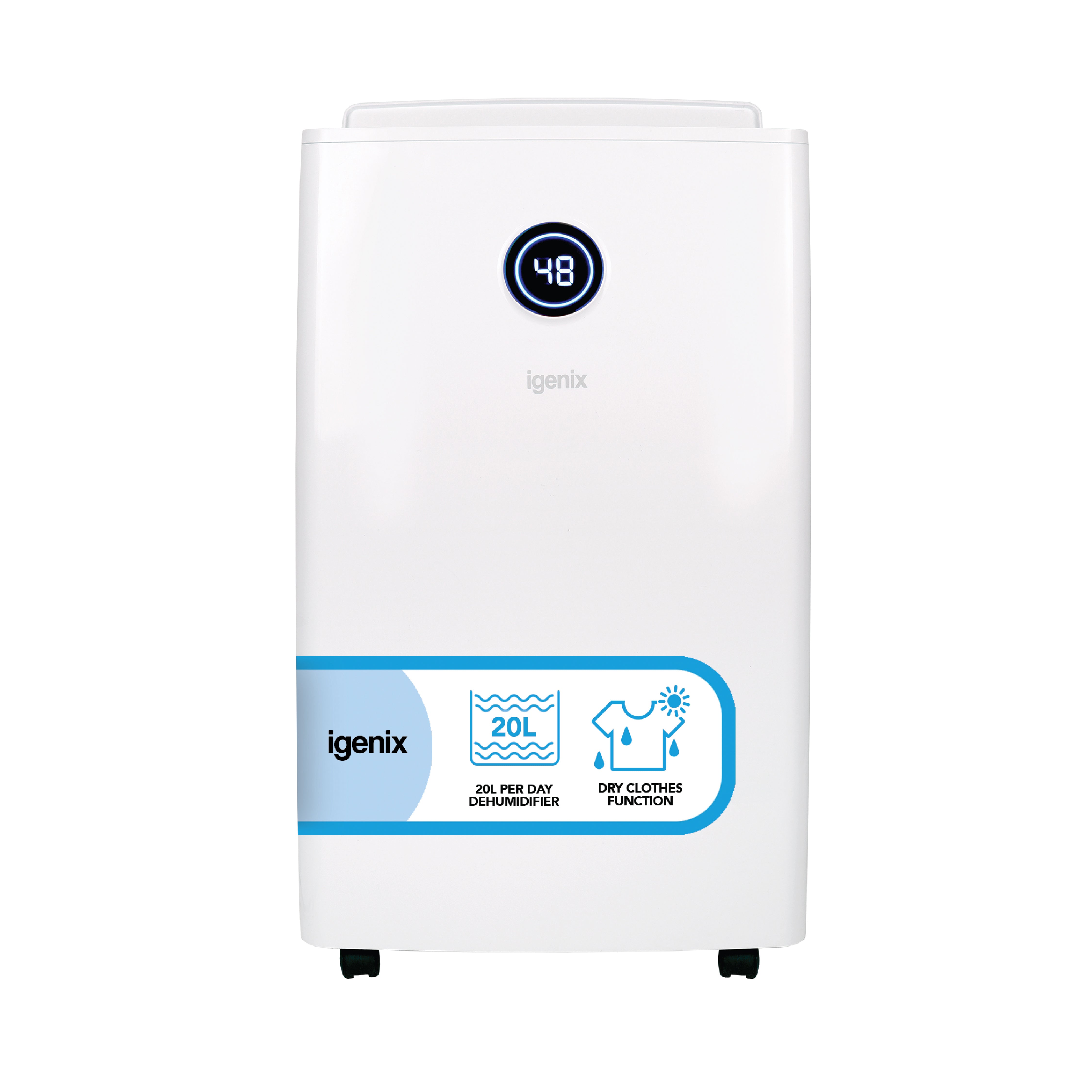 The Igenix Portable Dehumidifier extracts 20 litres per day, features a digital display showing 48, blue graphics for its dry clothes function, and convenient wheels for easy movement to help reduce damp.