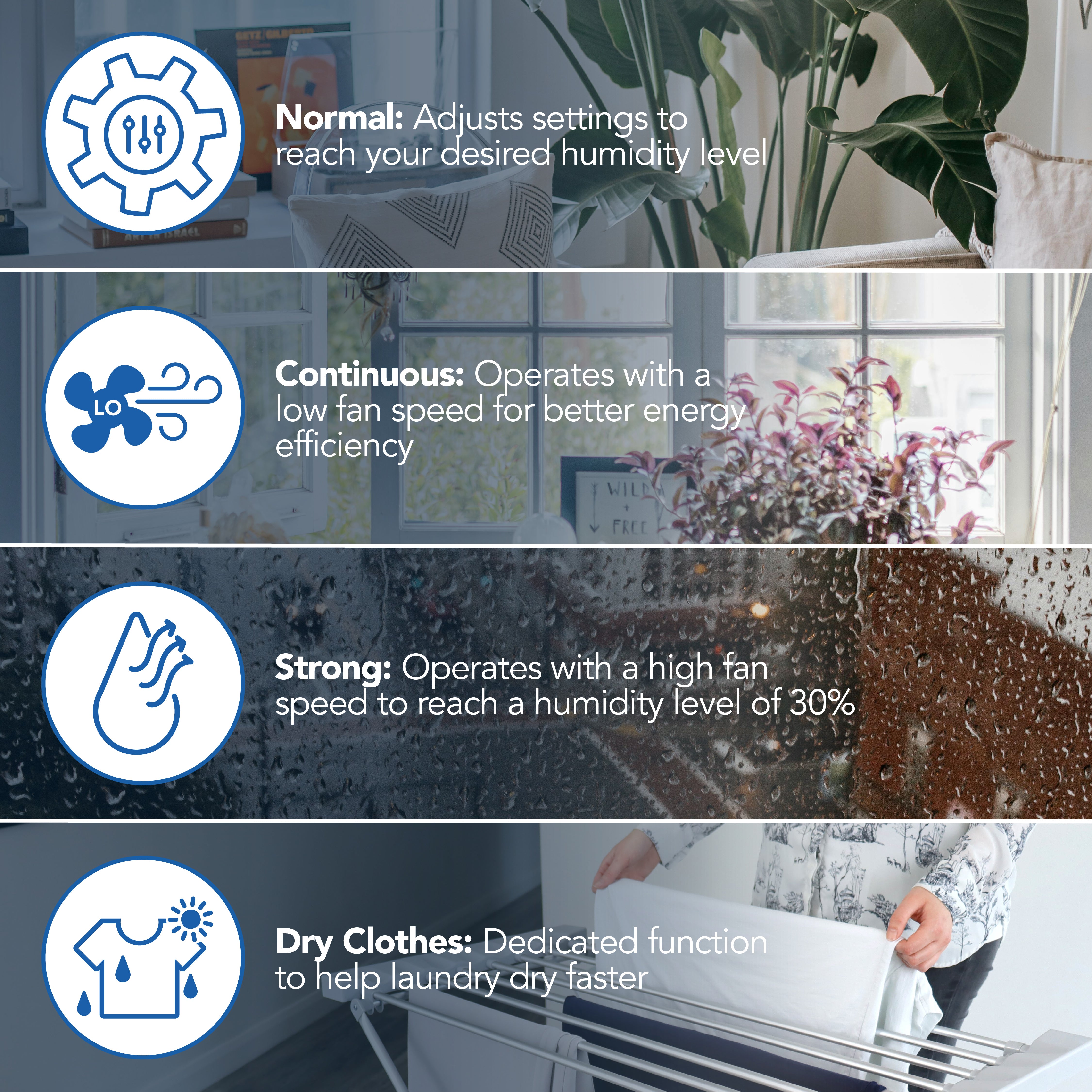 Infographic of Igenix Portable Dehumidifier (20L/day), showing four modes: Normal (adjustable humidity), Continuous (low fan), Strong (ideal for 30% humidity to fight damp/mould), and Dry Clothes, plus icons and images for each function.