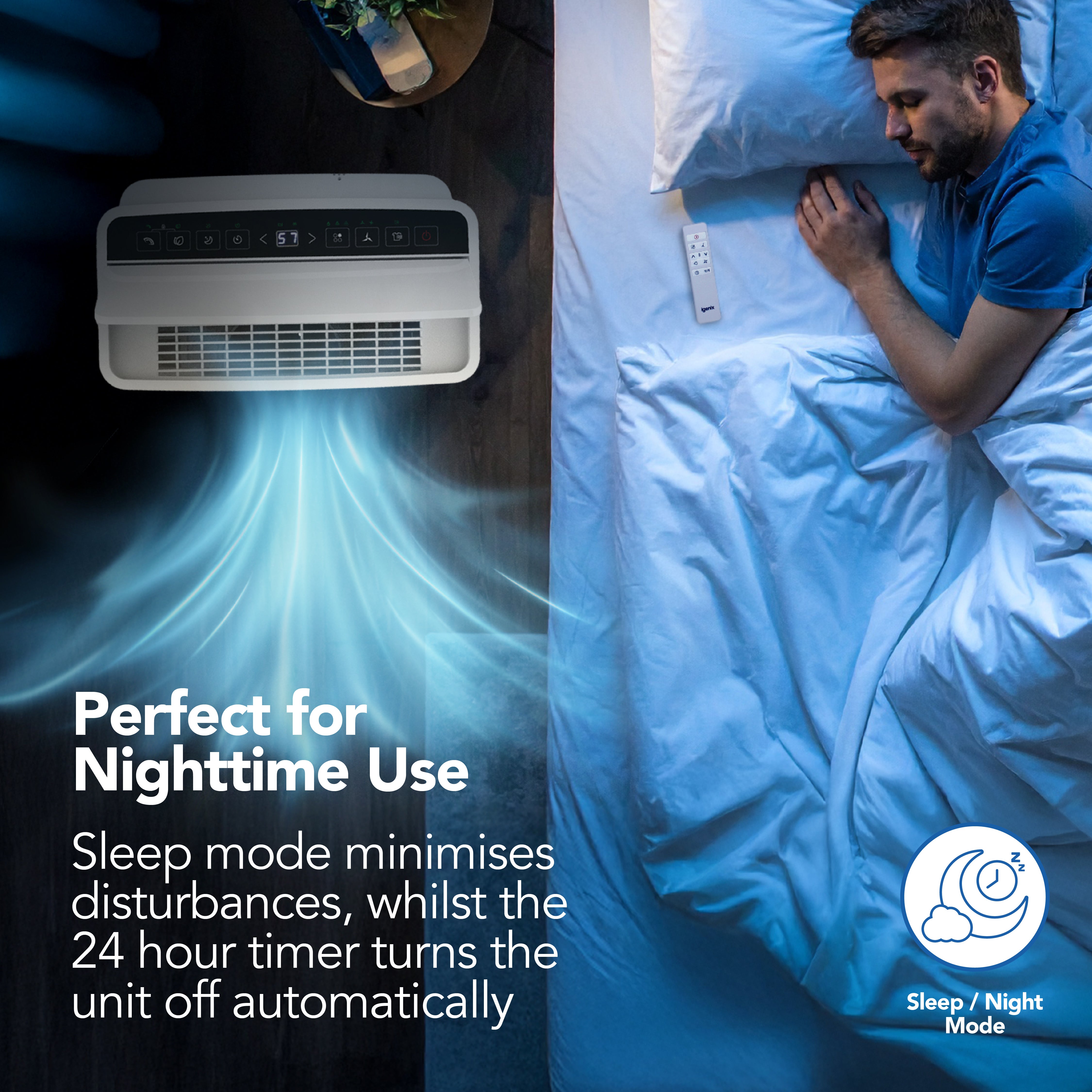 A man sleeps beside the Igenix Portable Dehumidifier, which extracts 20 litres per day to help prevent damp and mould. On-screen text reads "Perfect for Nighttime Use" and highlights sleep mode with a timer for automatic shutoff.