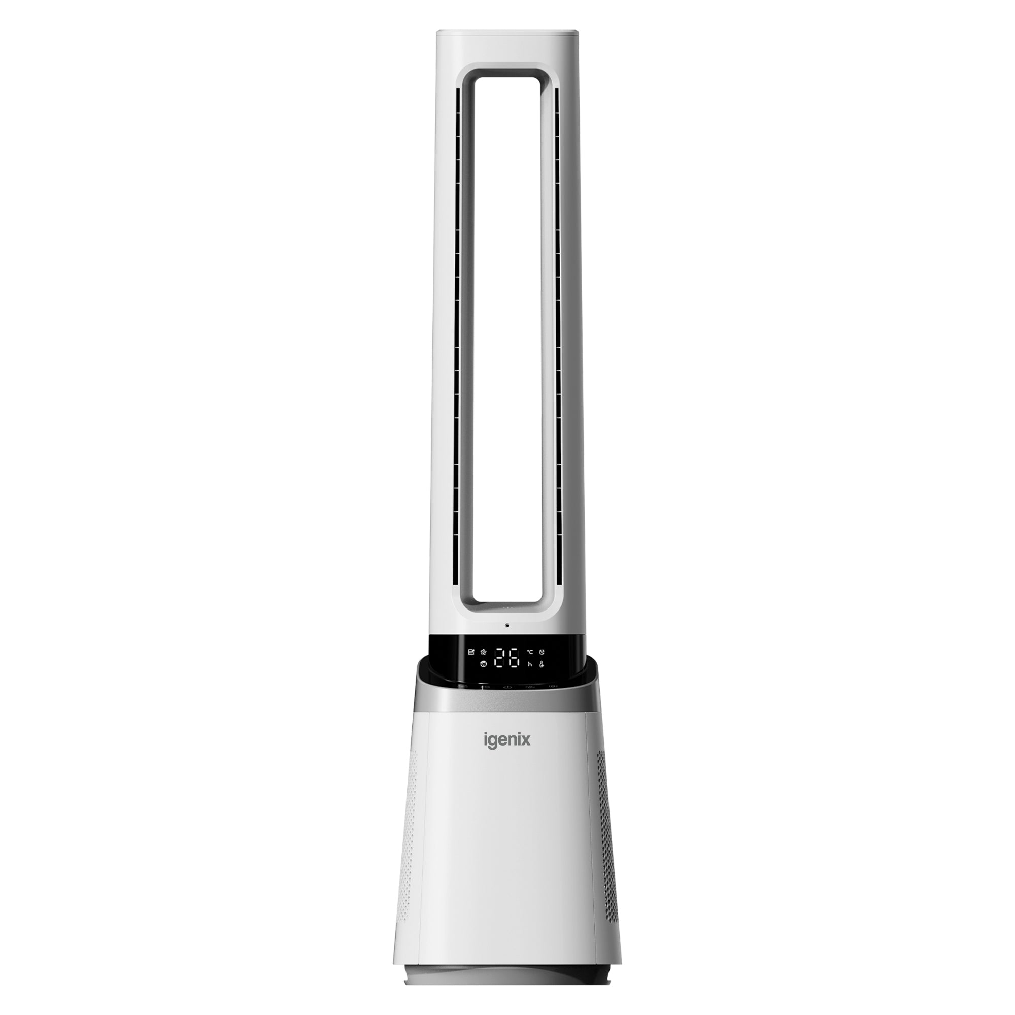 The Igenix 41 Inch Bladeless Fan with Air Purifier (IGFD02549W) features a digital display for temperature and settings, and oscillates for even air distribution throughout your room.