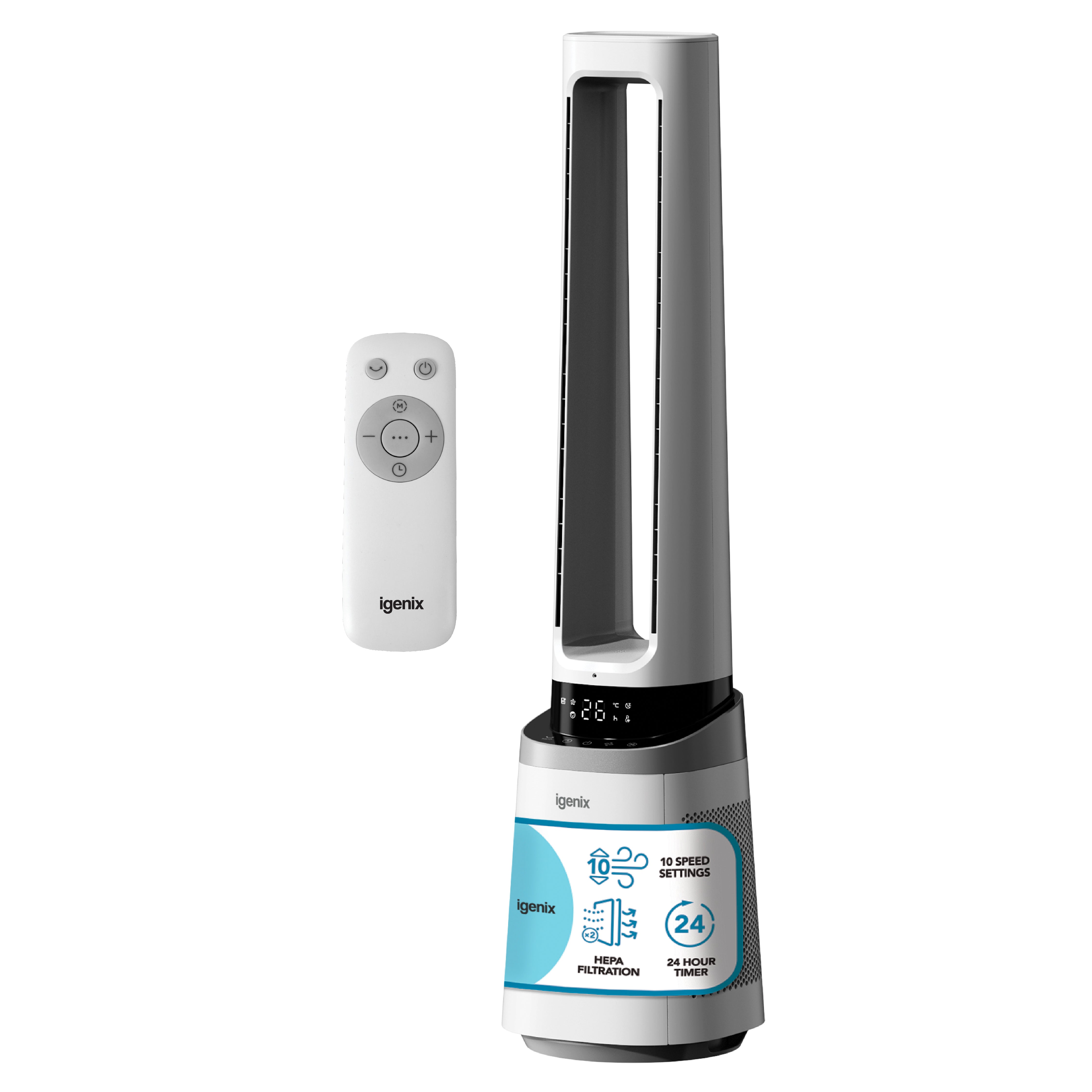 The Igenix 41 Inch Bladeless Tower Fan with Air Purifier (model IGFD02549W) is a mainly white and gray 2-in-1 cooling tower fan, accented in black and featuring a blue label on its base. Shown with a white remote control, it includes an integrated HEPA filter for enhanced air purification and has a digital display.