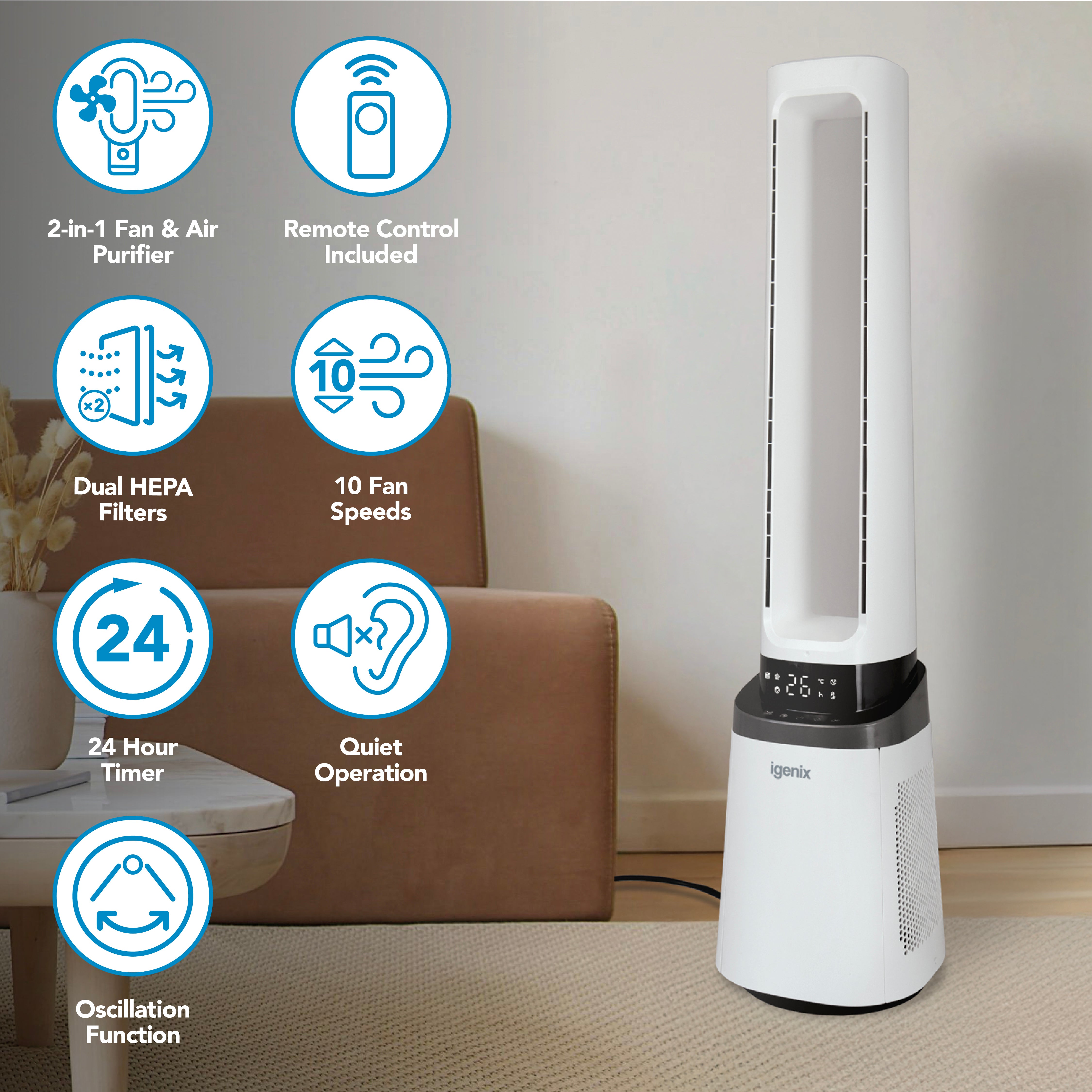 An Igenix 41 Inch Bladeless Tower Fan with Air Purifier (model IGFD02549W) stands in the living room. Blue icons showcase its features, including a 2-in-1 cooling and air purifying design, remote control operation, advanced HEPA filter, 24-hour timer, oscillation mode, 10 adjustable speeds, and quiet performance.