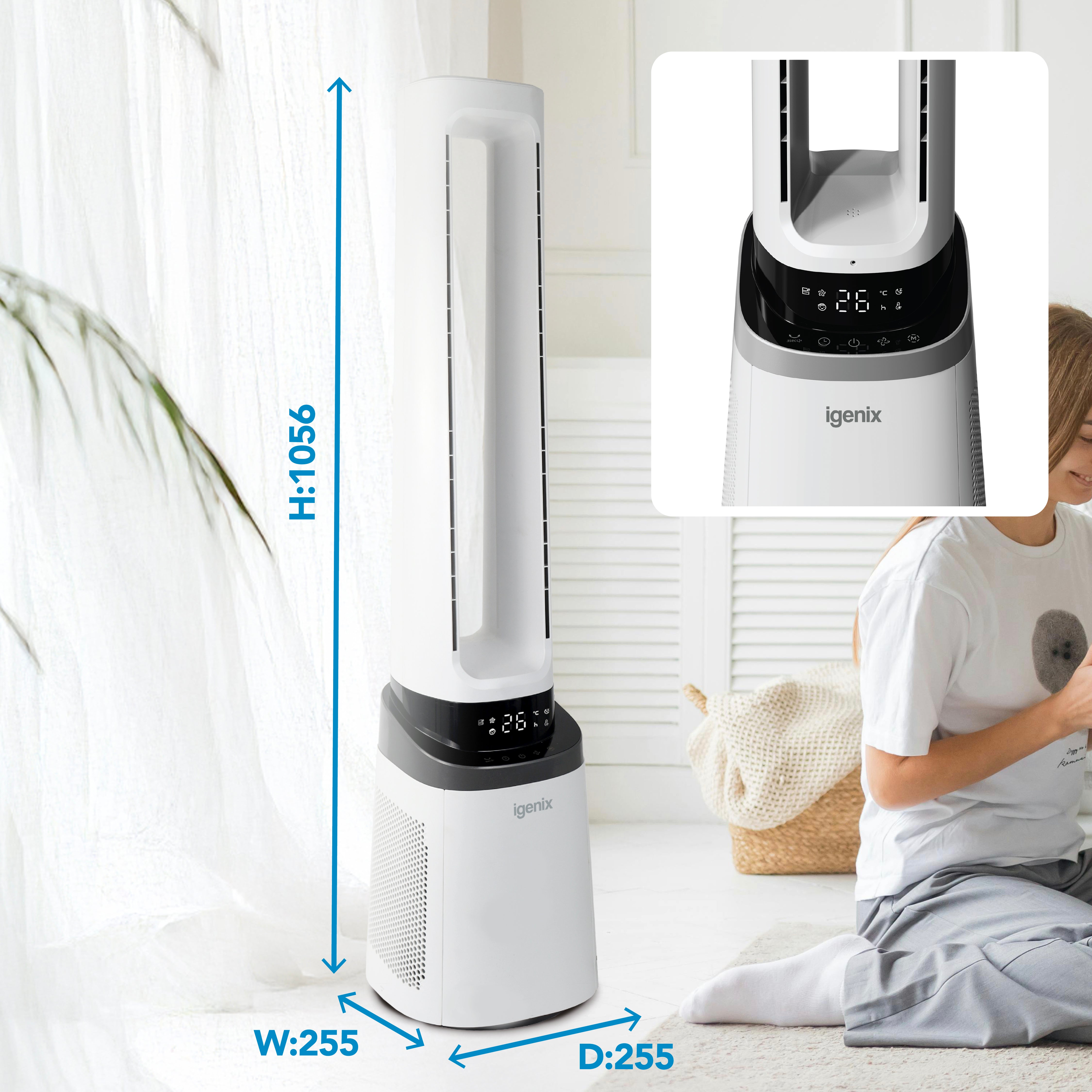 A sleek white Igenix 41 Inch Bladeless Tower Fan with Air Purifier (model IGFD02549W) stands gracefully in a bright, modern room. Known for its quiet operation, this stylish 2-in-1 cooling tower fan complements the serene setting as a woman relaxes on the floor nearby. A close-up inset highlights the intuitive fan controls, while lush green plants add a touch of freshness to the decor.