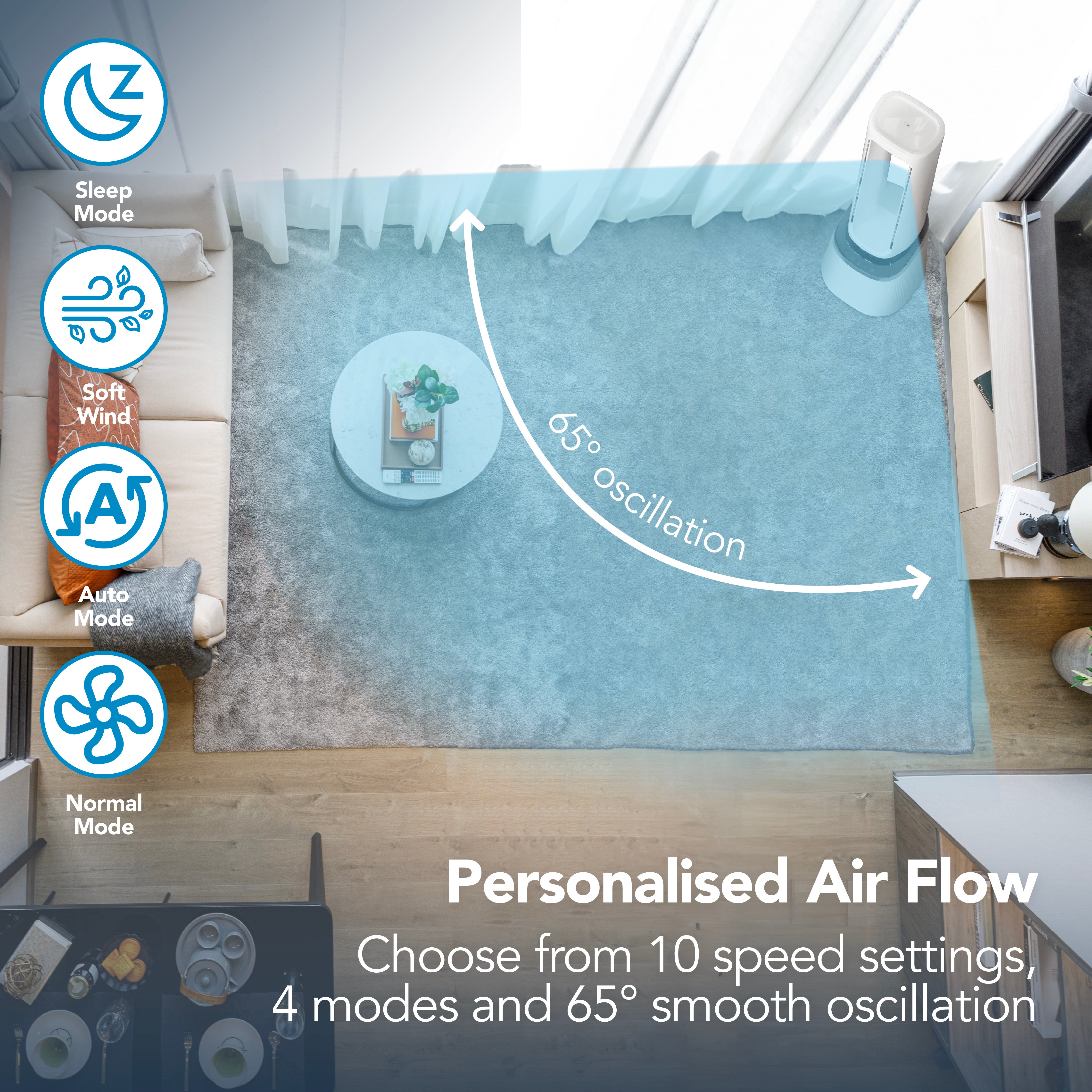 Top-down view of a living room showcasing the Igenix 41 Inch Bladeless Tower Fan with Air Purifier, oscillating 65°. Icons on the left highlight Sleep, Soft Wind, Auto, and Normal modes. Text reads: Personalised Air Flow—10 speed settings, 4 modes, 65° smooth oscillation. This innovative IGFD02549W 2-in-1 cooling tower fan from Igenix also features a HEPA filter for cleaner, fresher air.