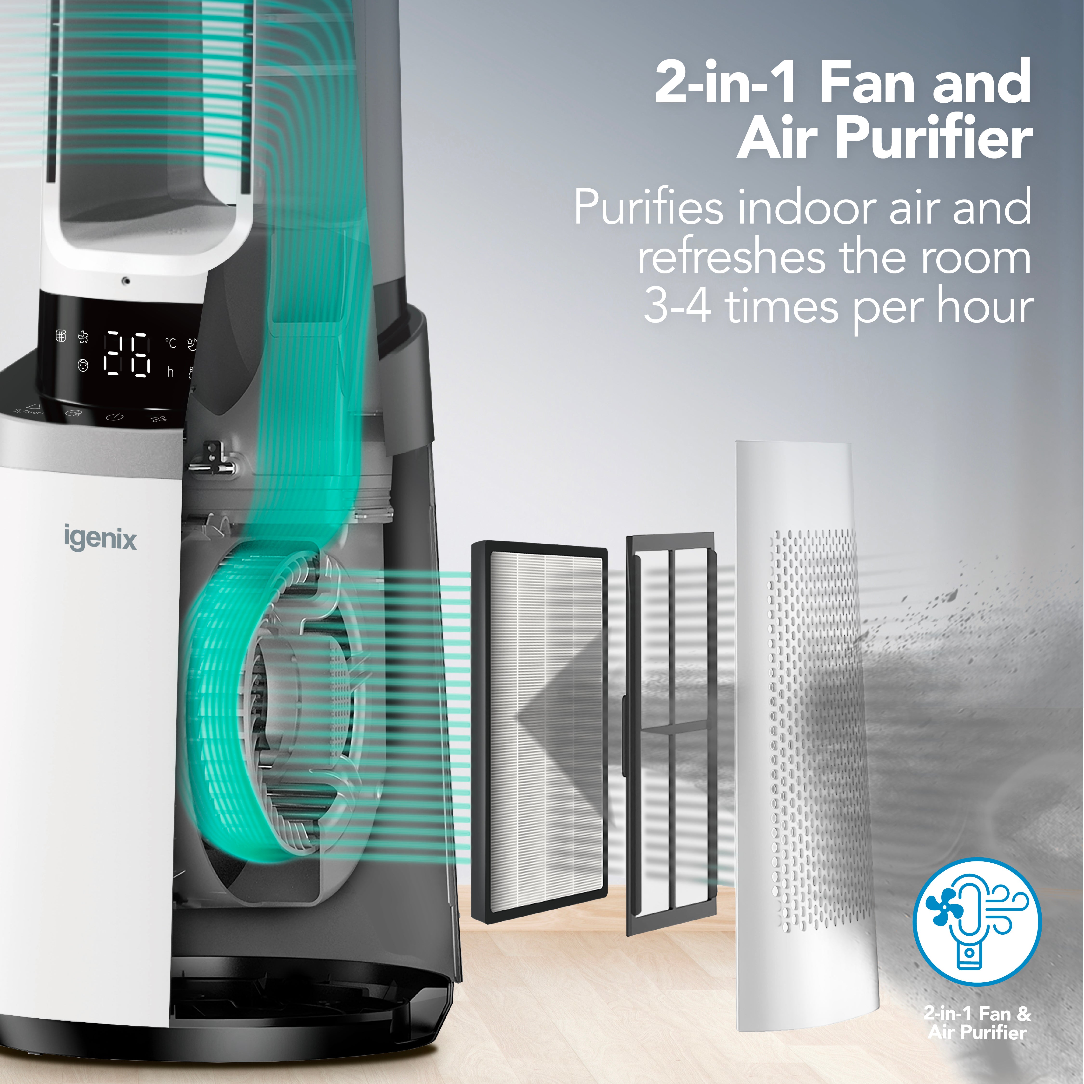 The Igenix 41 Inch Bladeless Tower Fan with Air Purifier (Model IGFD02549W) is a 2-in-1 cooling tower fan equipped with a labeled HEPA filter, designed to purify indoor air and refresh your room’s atmosphere 3 to 4 times per hour.