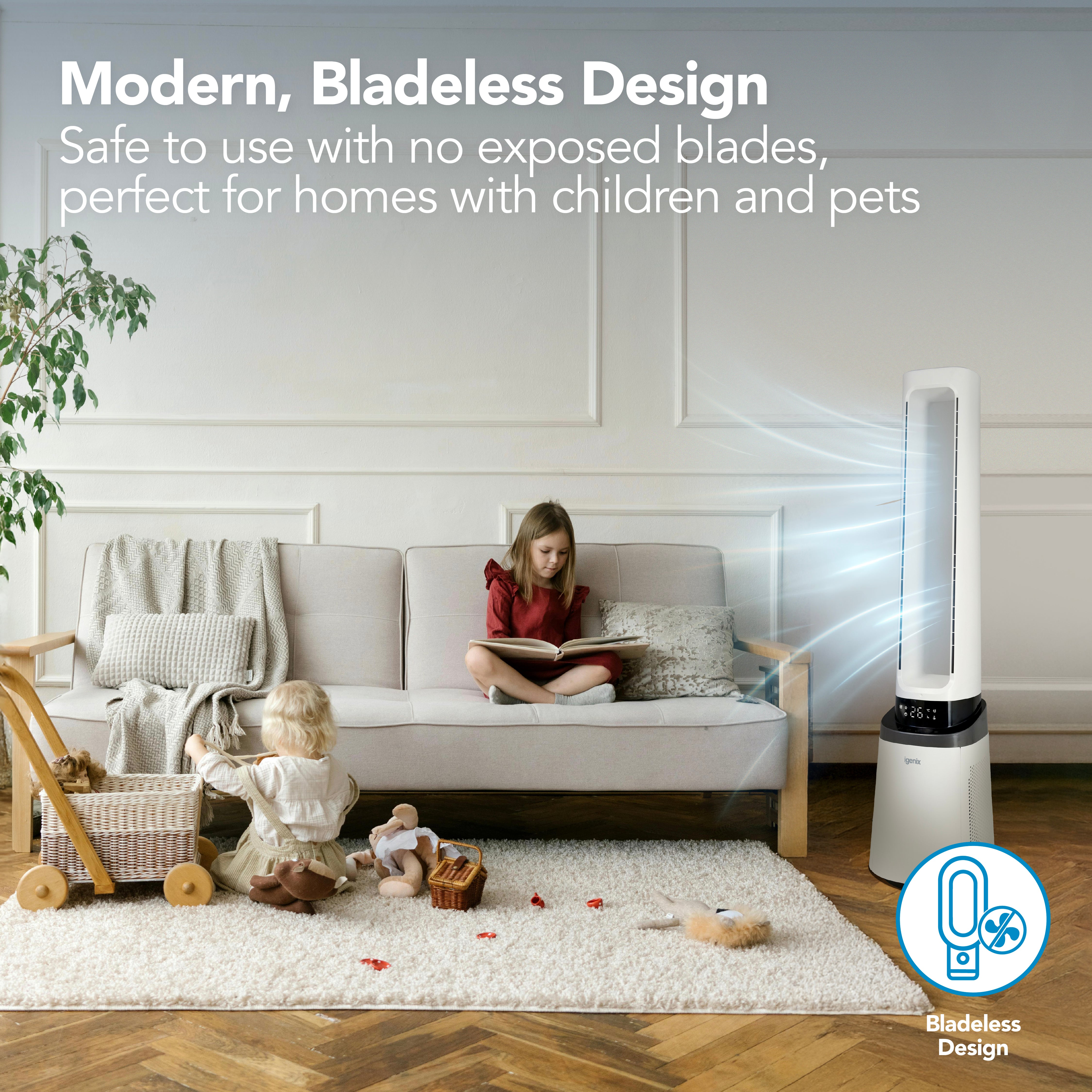 A girl enjoys reading on a sofa while her dog relaxes nearby, as the Igenix 41 Inch Bladeless Tower Fan with Air Purifier (model IGFD02549W) gently circulates clean air in a cozy living room filled with toys and plants. The text highlights the fan’s modern, child-safe design and advanced HEPA filtration, making it ideal for homes with children and pets.