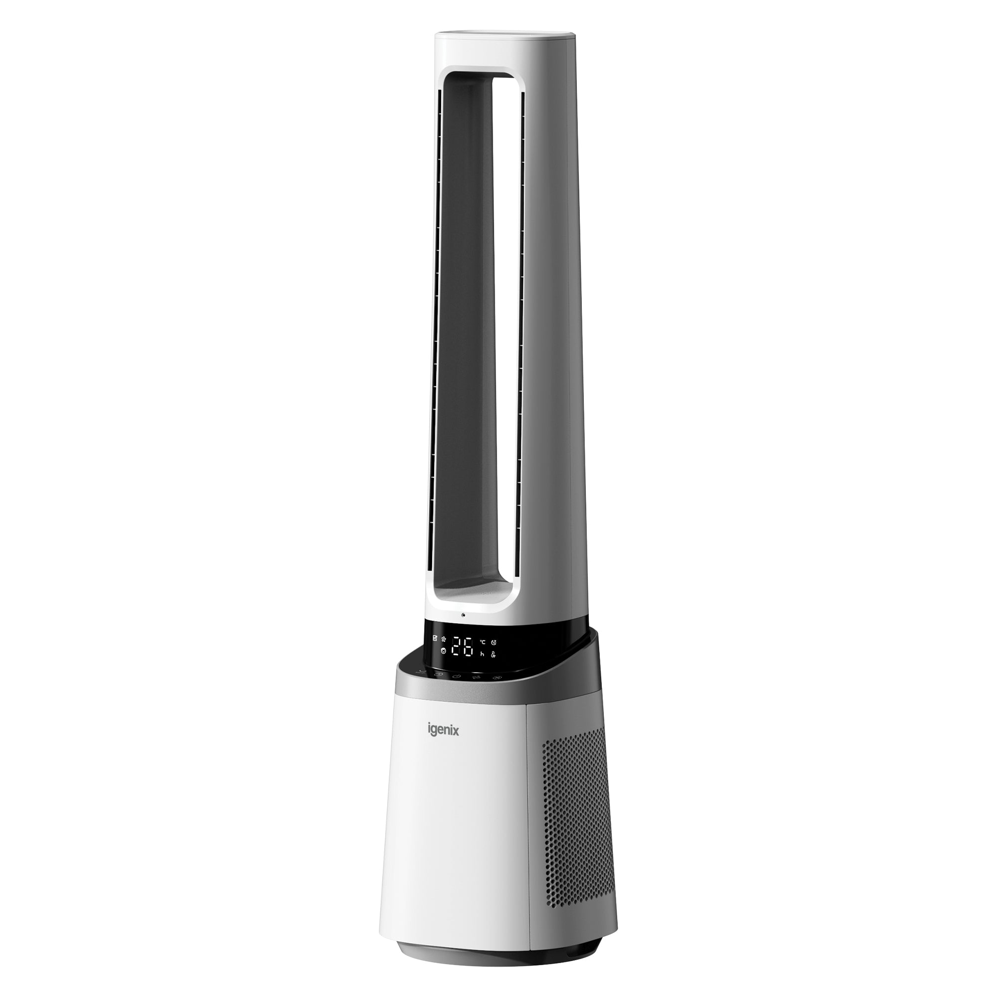 The Igenix 41 Inch Bladeless Fan with Air Purifier (IGFD02549W) is a modern, white 2-in-1 cooling tower fan with a black digital control panel, offering quiet operation and sleek design for any room.