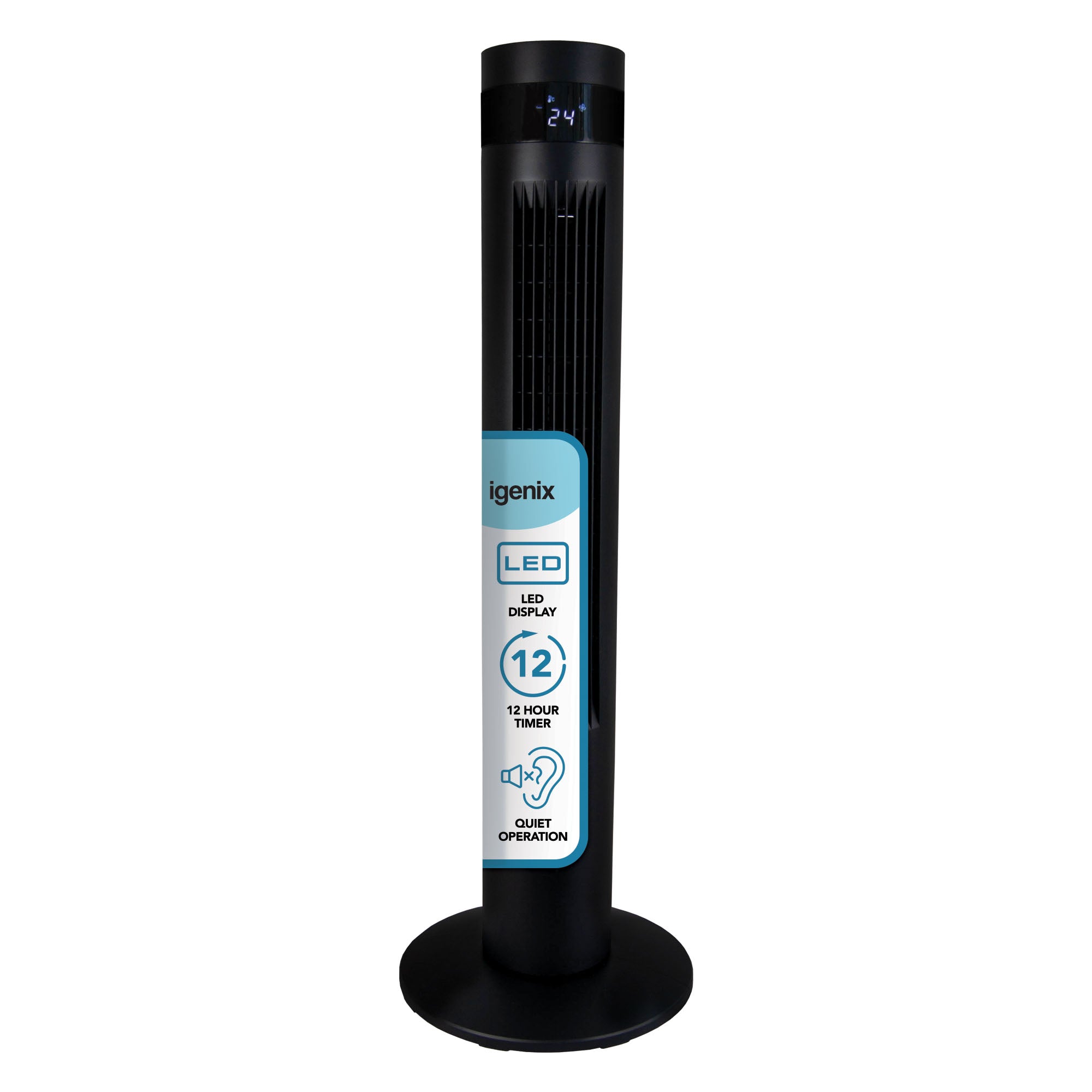 The Igenix 35 Inch Digital Tower Fan in black has a digital LED display showing "24," 3 speed settings, a 12-hour timer, quiet operation, remote control, and stands on a round base with feature labels on the front.