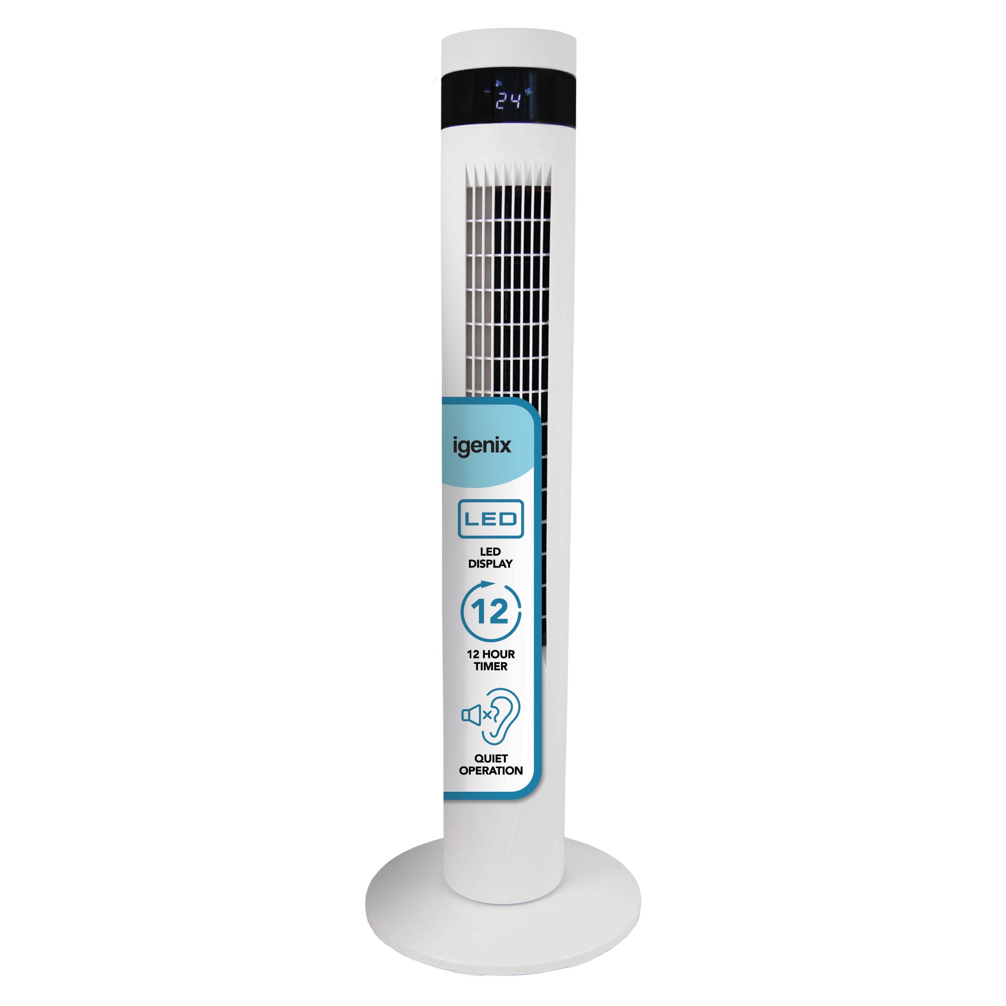 The Igenix 35 Inch Digital Tower Fan in white features 3 speed settings, a digital LED display at the top, vertical air vents, a 12-hour timer, quiet oscillation, and stands on a round base.