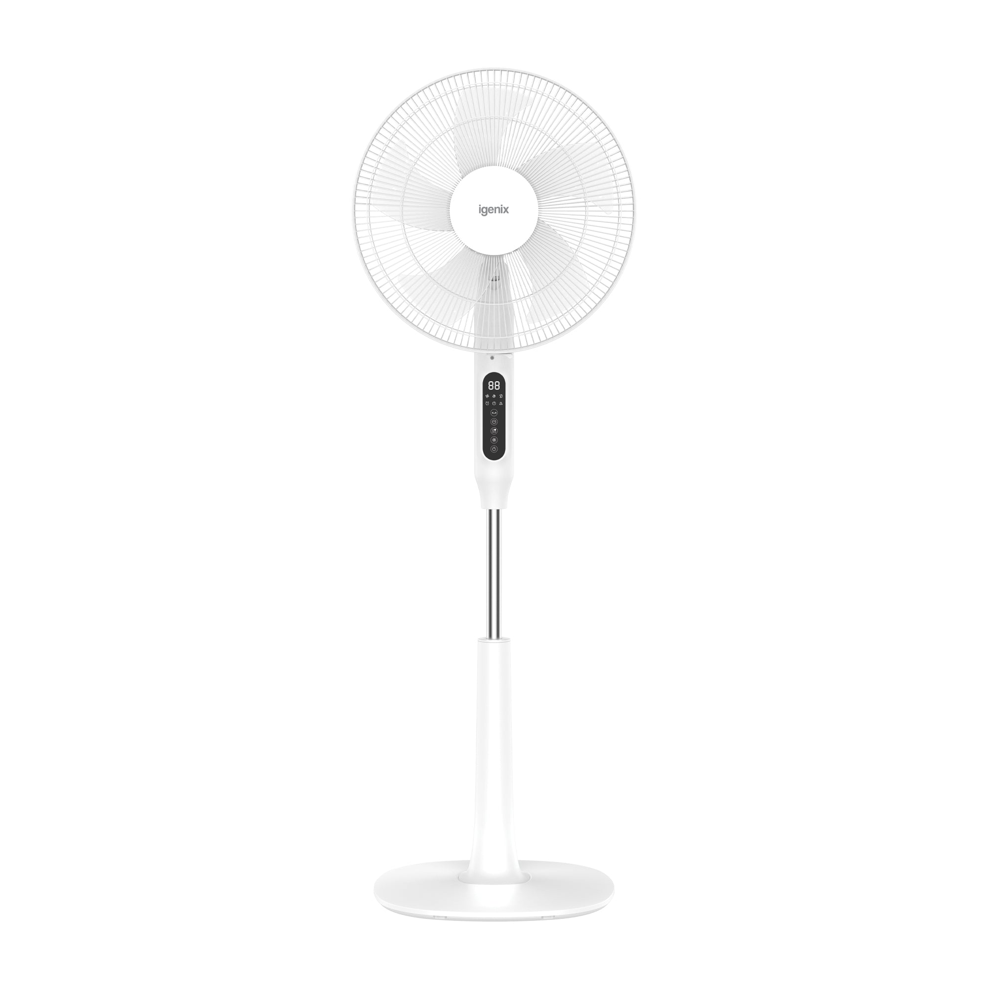 The Igenix Digital Pedestal Fan, White, features adjustable cooling, a round mesh guard, circular base, and an LED touch screen control panel for easy use.