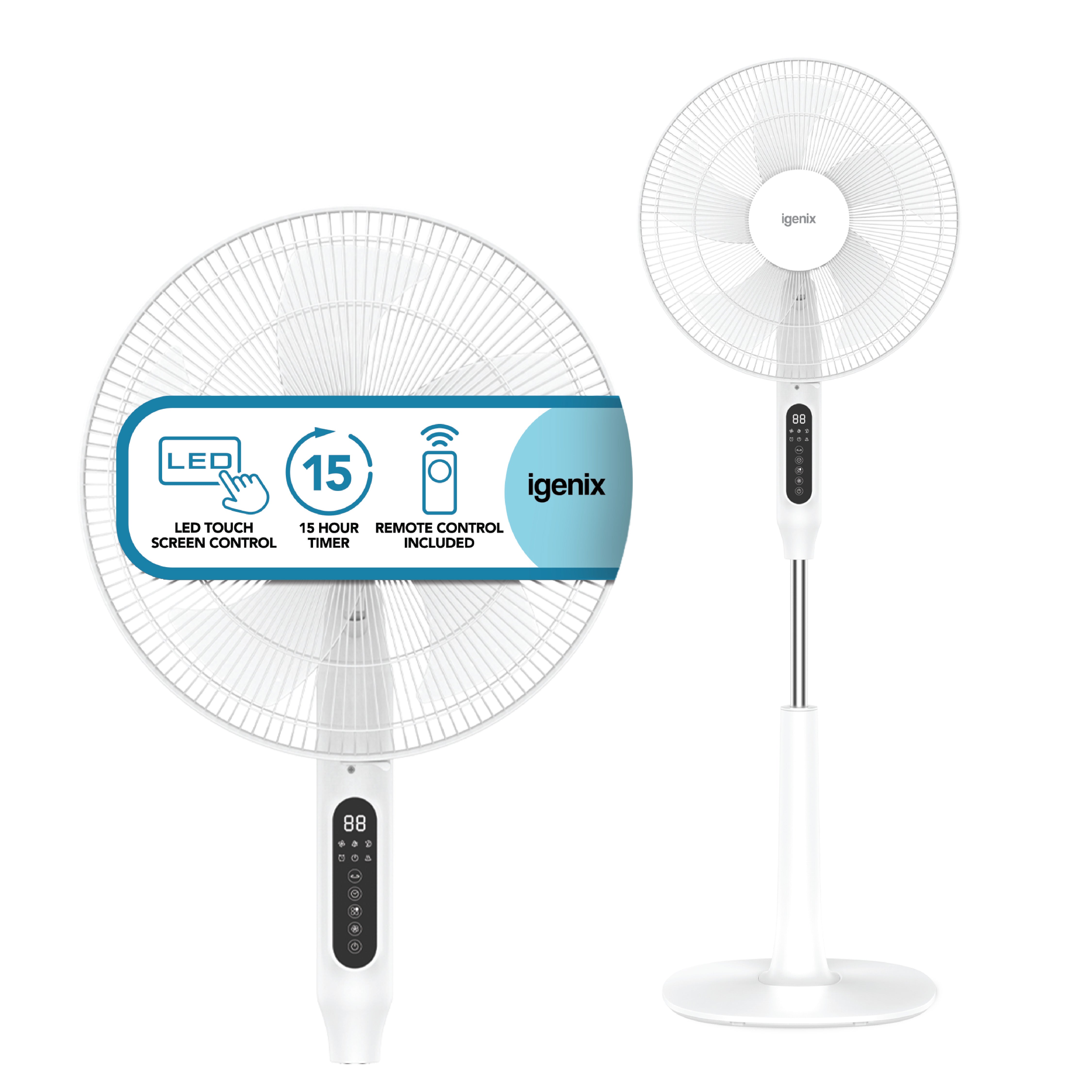 Two white Igenix Digital Pedestal Fans: one image shows a close-up of the LED touch screen with adjustable cooling, 15-hour timer, and remote control; the other displays a full-length view. Brand: Igenix.