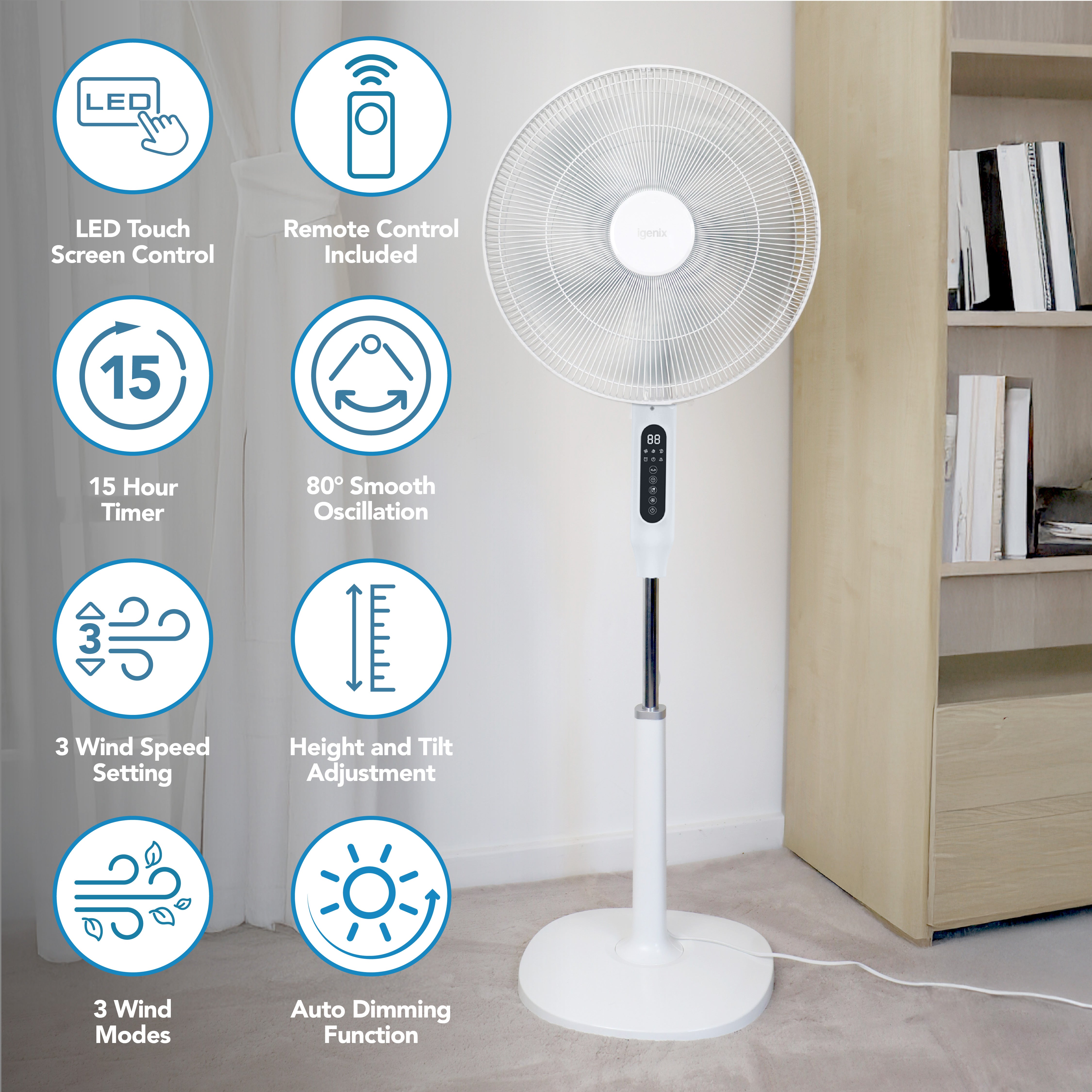 The Igenix Digital Pedestal Fan in white features a touch screen panel, remote control, 15-hour timer, oscillation, adjustable cooling modes, height adjustment, and auto dimming—shown standing in a modern room.