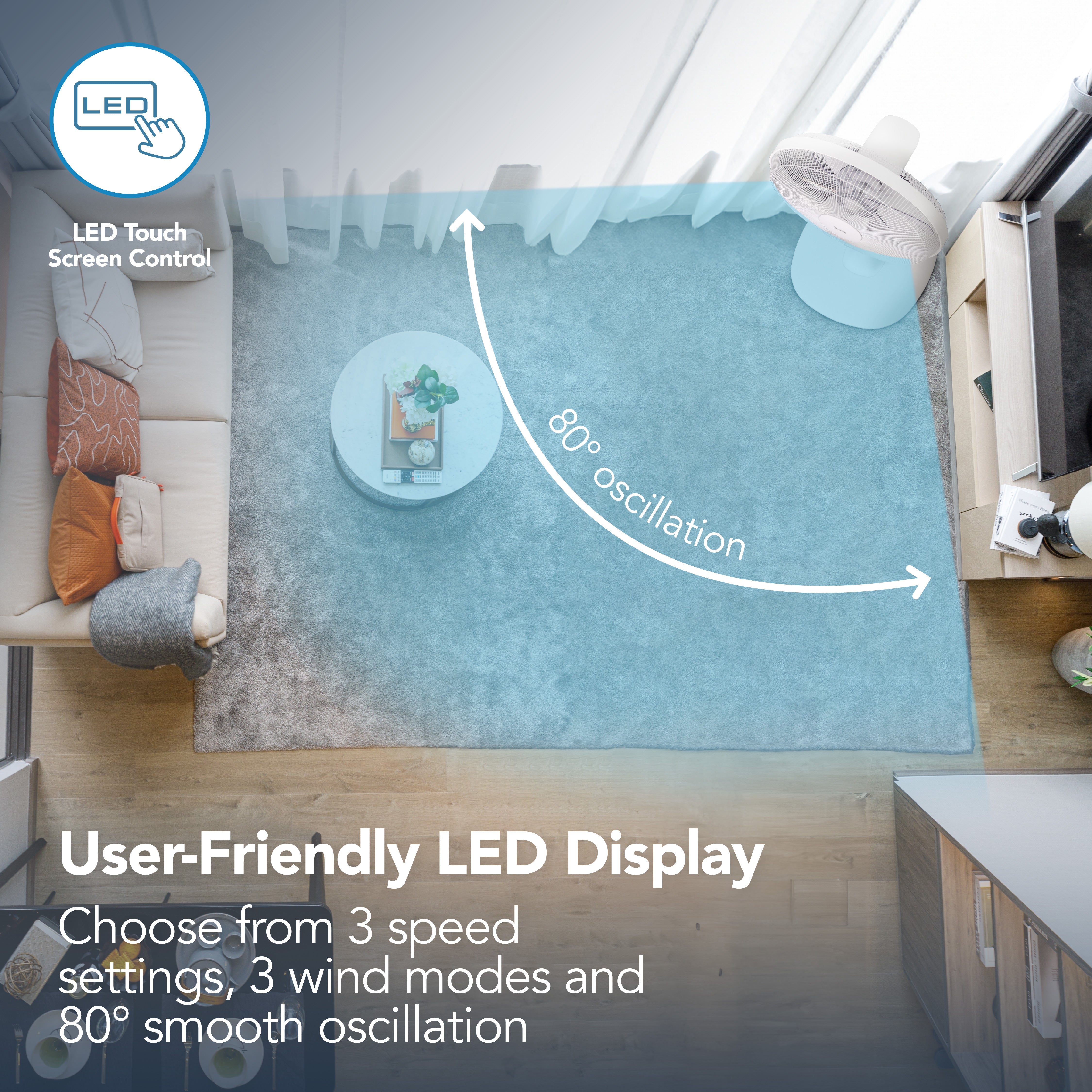 A top-down view of a modern living room shows the Igenix Digital Pedestal Fan, White by Igenix on a stand with its 80° oscillation arc over a gray rug. Text highlights its remote control, LED display, speed settings, wind modes, and adjustable cooling.