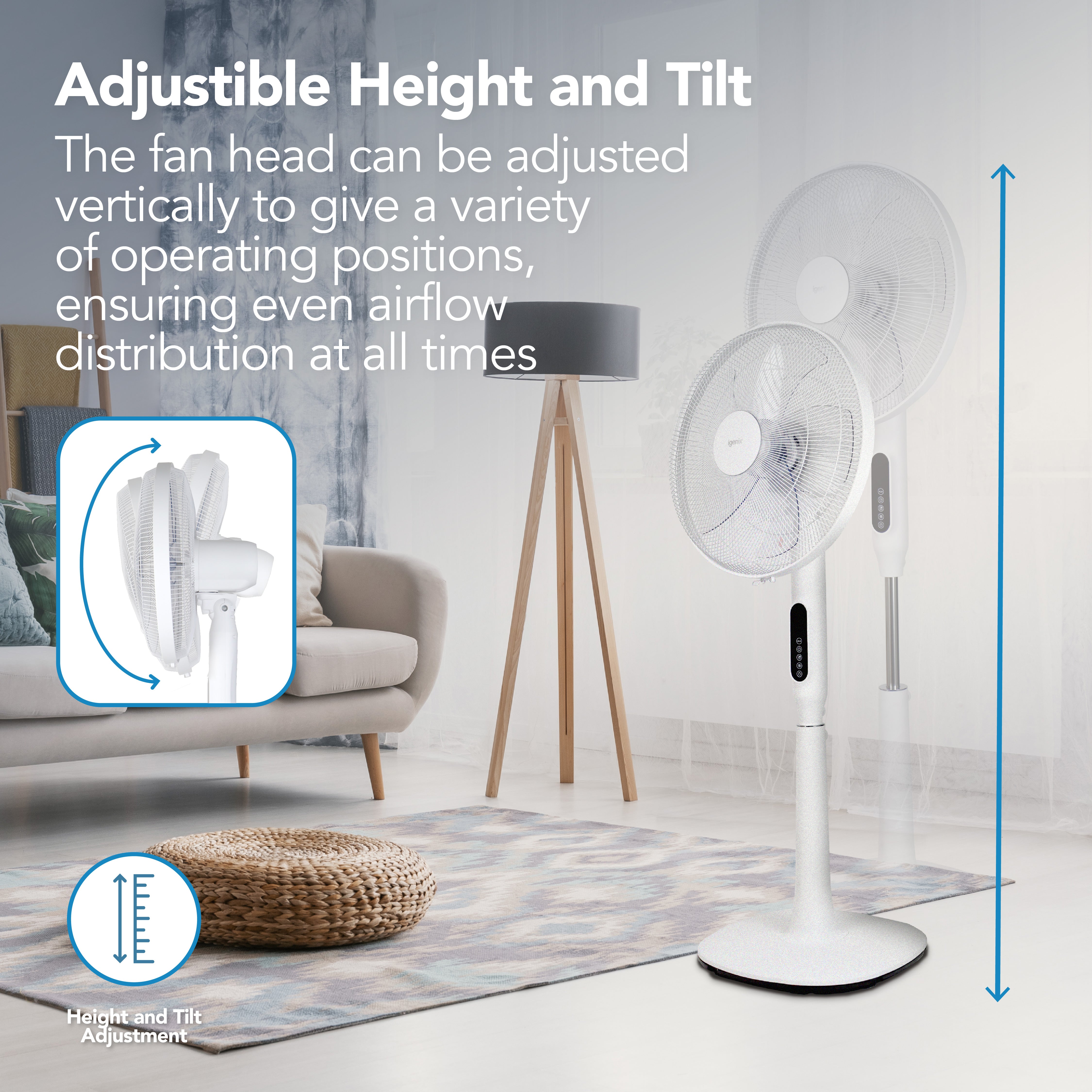 The Igenix Digital Pedestal Fan in white features adjustable height and tilt, provides even airflow with Adjustable Cooling, and includes a remote control for convenience.