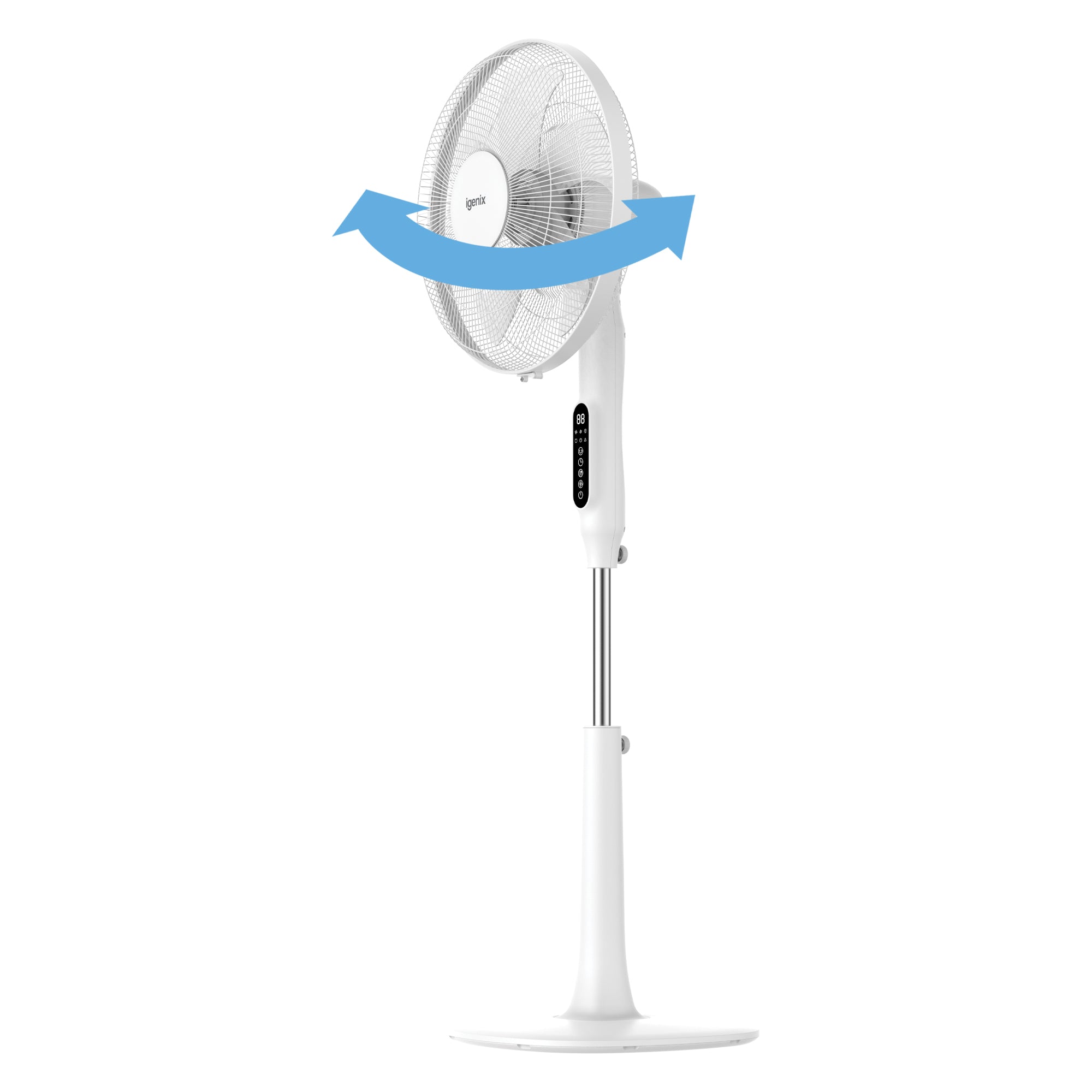 The Igenix Digital Pedestal Fan, White, by Igenix is shown on a white background with a blue double-headed arrow in front of the blades, highlighting its oscillating and adjustable cooling features. The fan includes a digital control panel and remote control.
