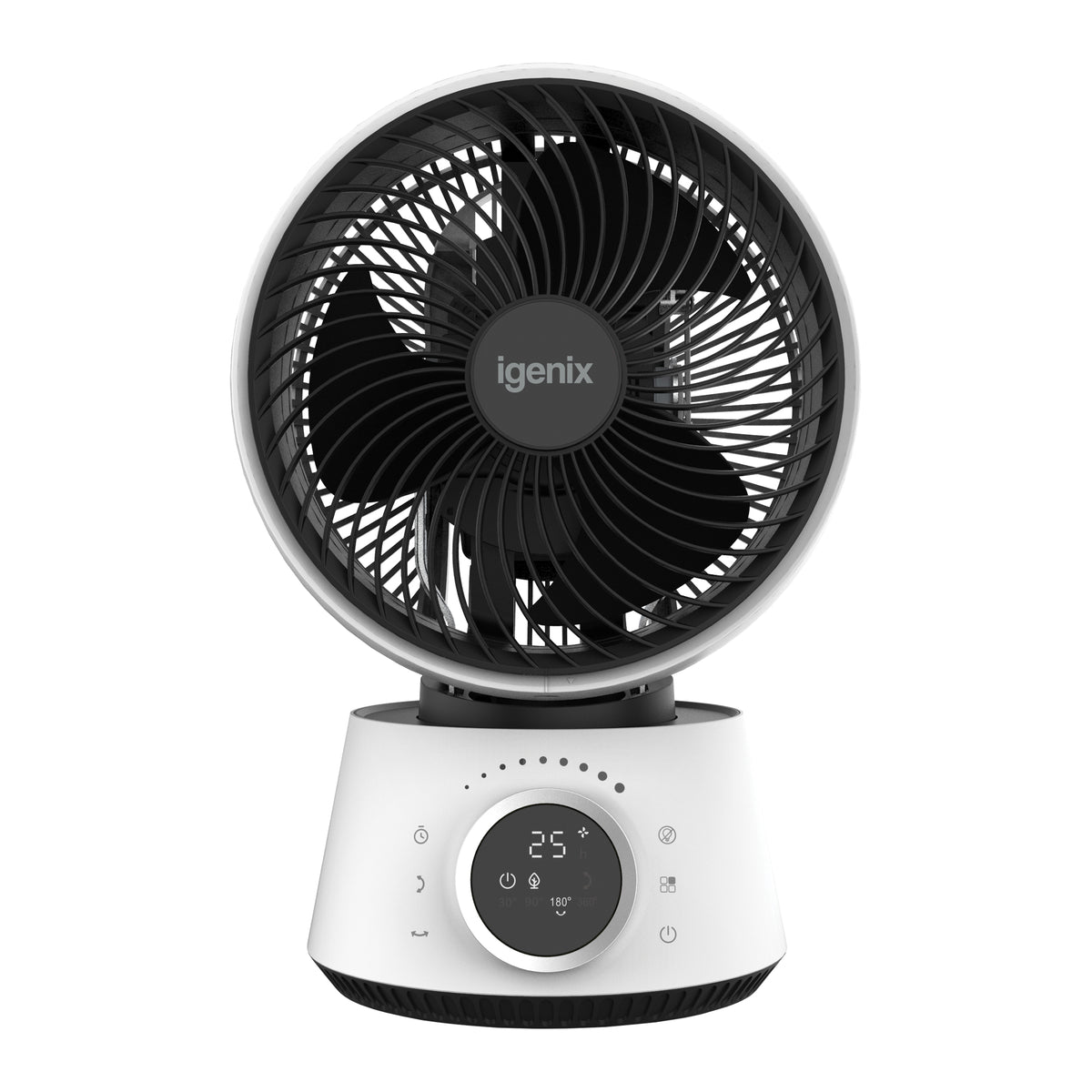 Igenix 9 Inch Digital Air Circulator Turbo Fan in white, featuring a circular head with black blades and a base with a central digital display and multi-directional auto oscillation controls.