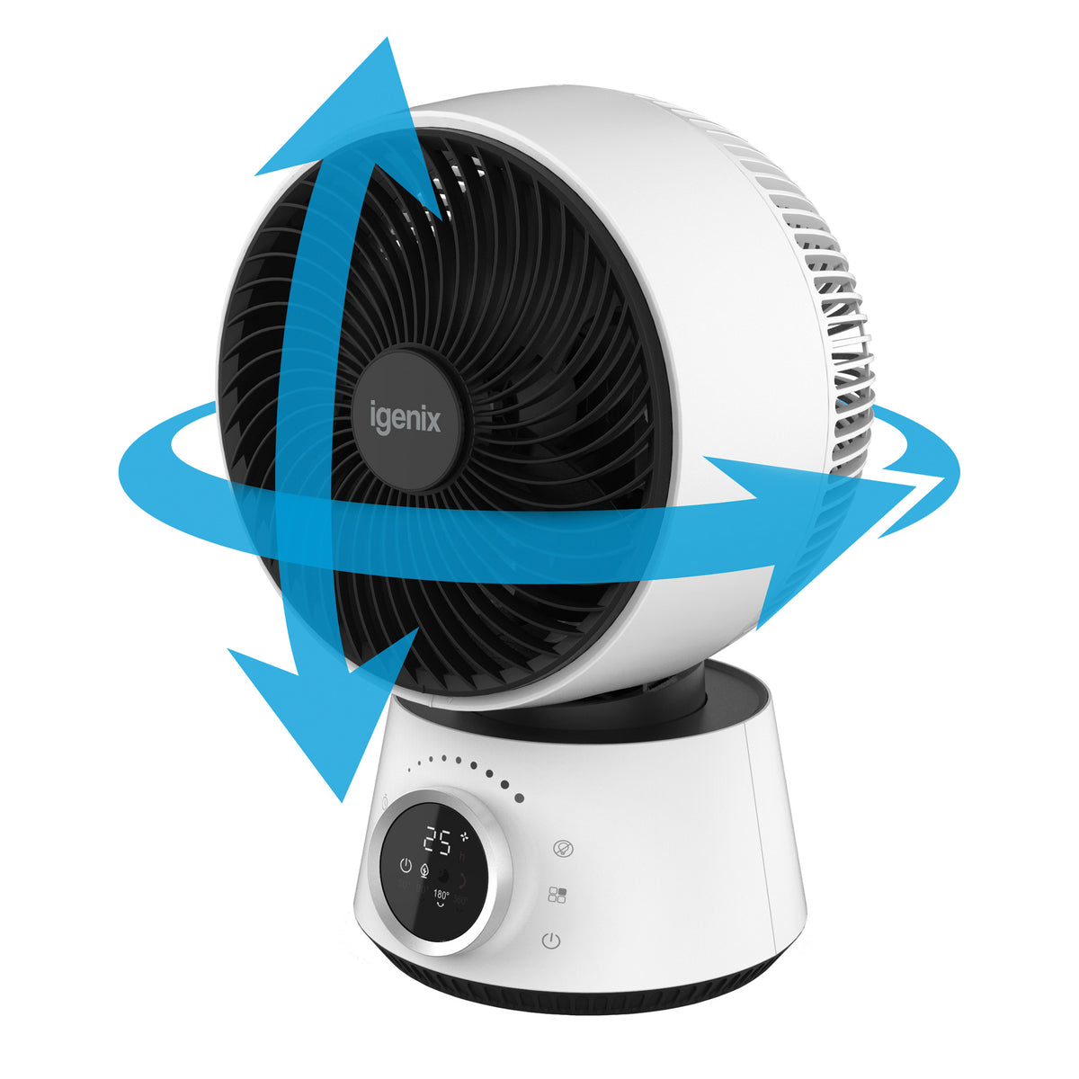 Igenix Digital Air Circulator Turbo Fan, 9 Inch, White, with a black grille and a digital display base, shown with blue arrows indicating multi-directional auto oscillation.