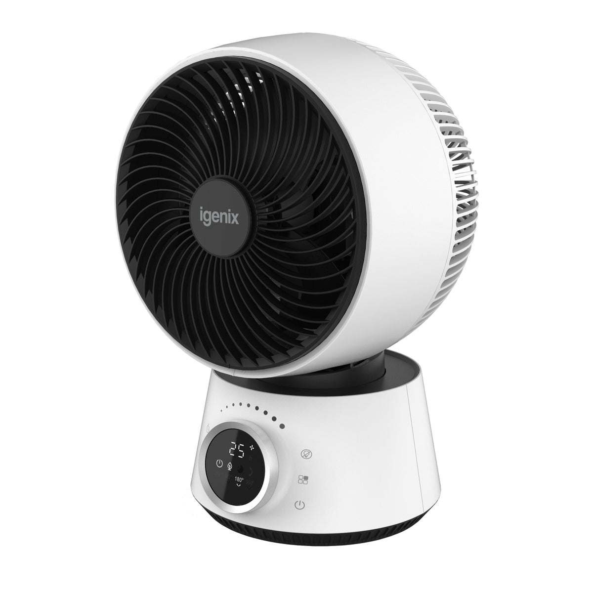Igenix Digital Air Circulator Turbo Fan, 9 Inch, White, featuring a circular design, black grille, and a digital display base showing temperature and settings.