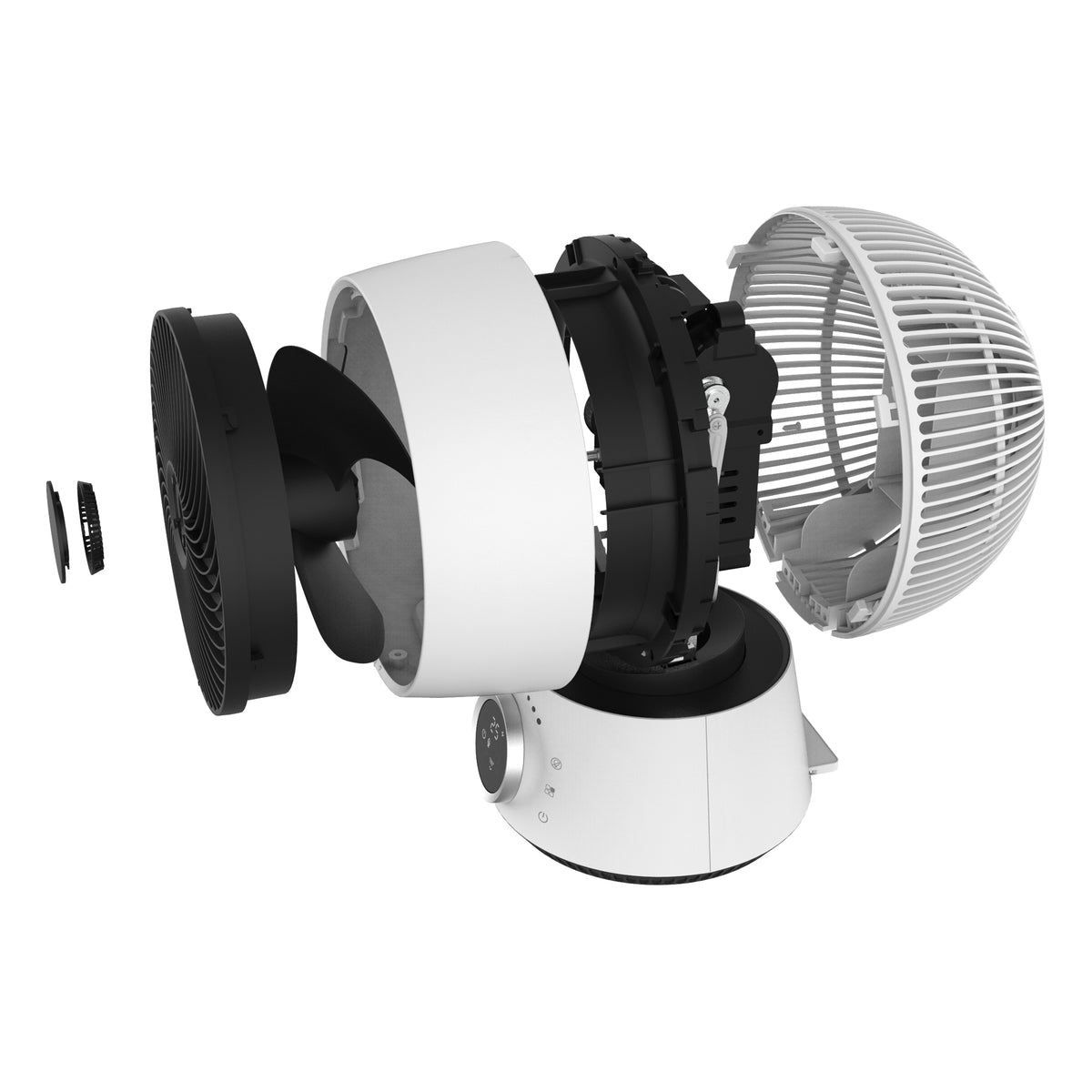 Exploded view of a white 9 Inch Igenix Digital Air Circulator Turbo Fan showing its internal motor, blades, and outer casing components separated.