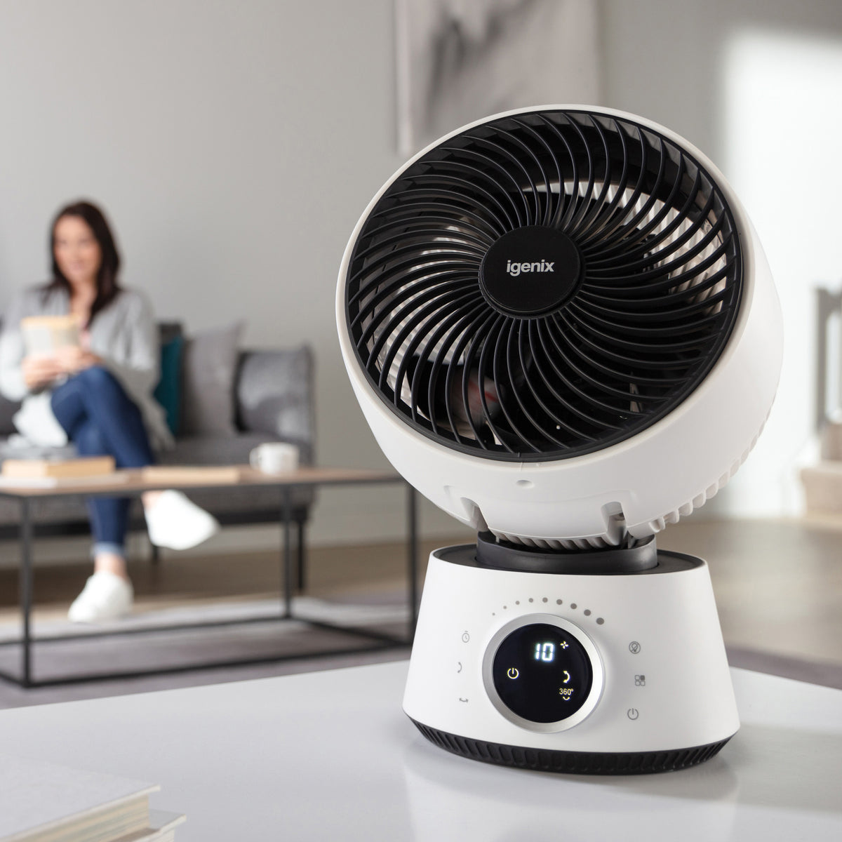 White Igenix Digital Air Circulator Turbo Fan, 9 Inch, featuring a black grille and a circular digital display on the base showing the number 10.