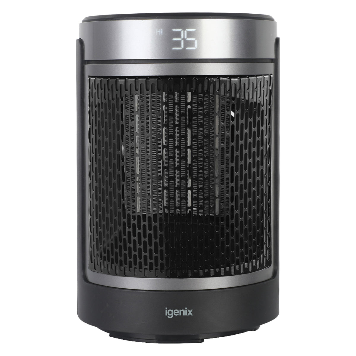 Igenix Portable Tubular Desktop Fan Heater, 1500W, Black: a cylindrical desktop PTC fan heater with a metallic top control panel displaying a digital temperature reading and a black metal mesh front.