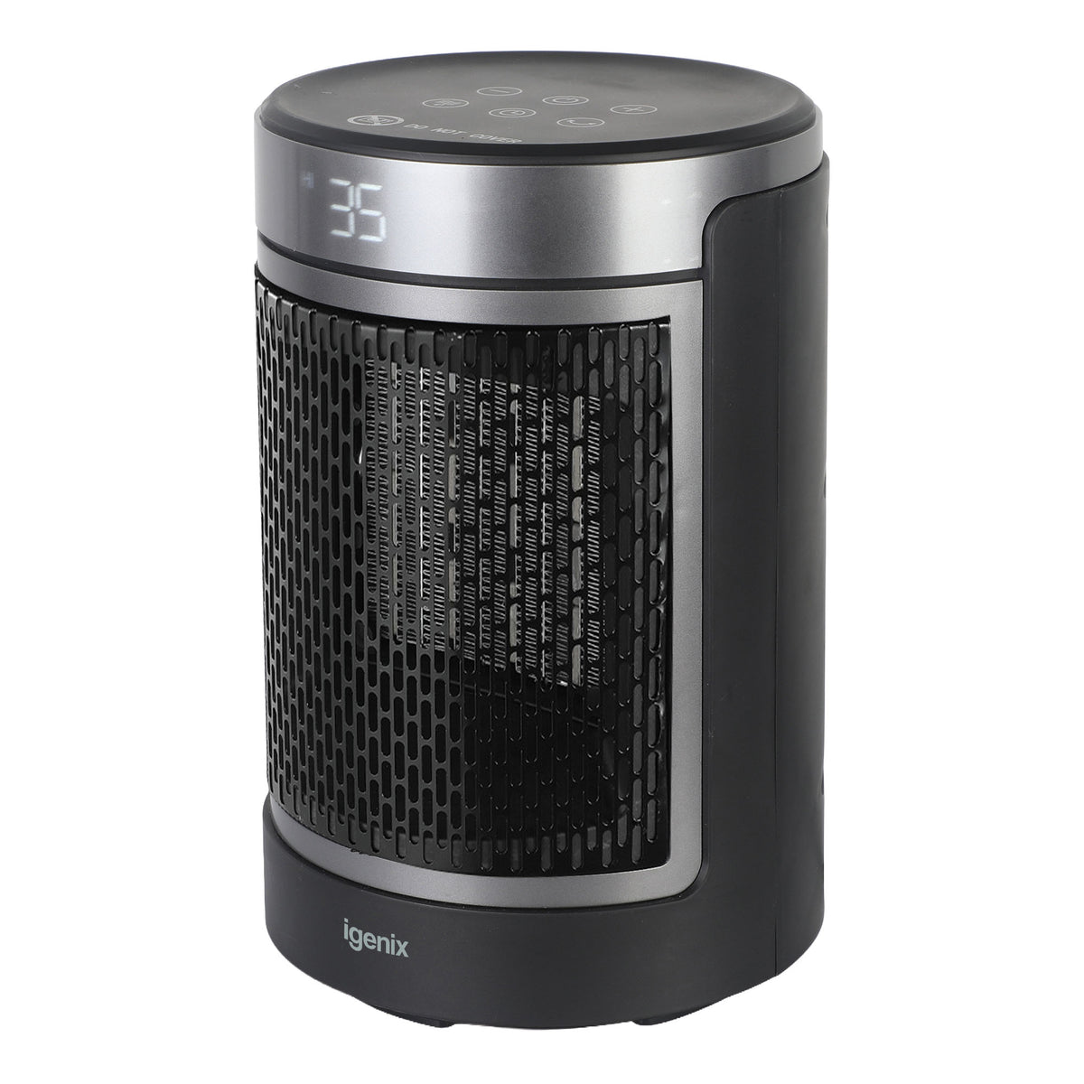 An Igenix Portable Tubular Desktop Fan Heater, 1500W, Black, featuring a silver front grille and a digital temperature display showing 35.