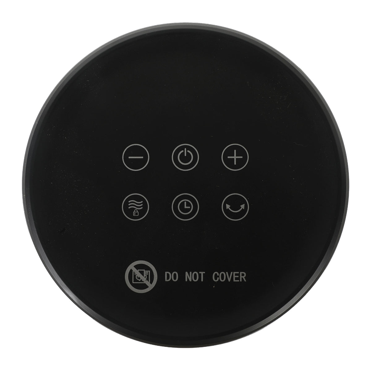 Circular black touch-control panel for an Igenix Portable Tubular Desktop Fan Heater, featuring power, temperature, timer, oscillation, and safety icons with the text DO NOT COVER.