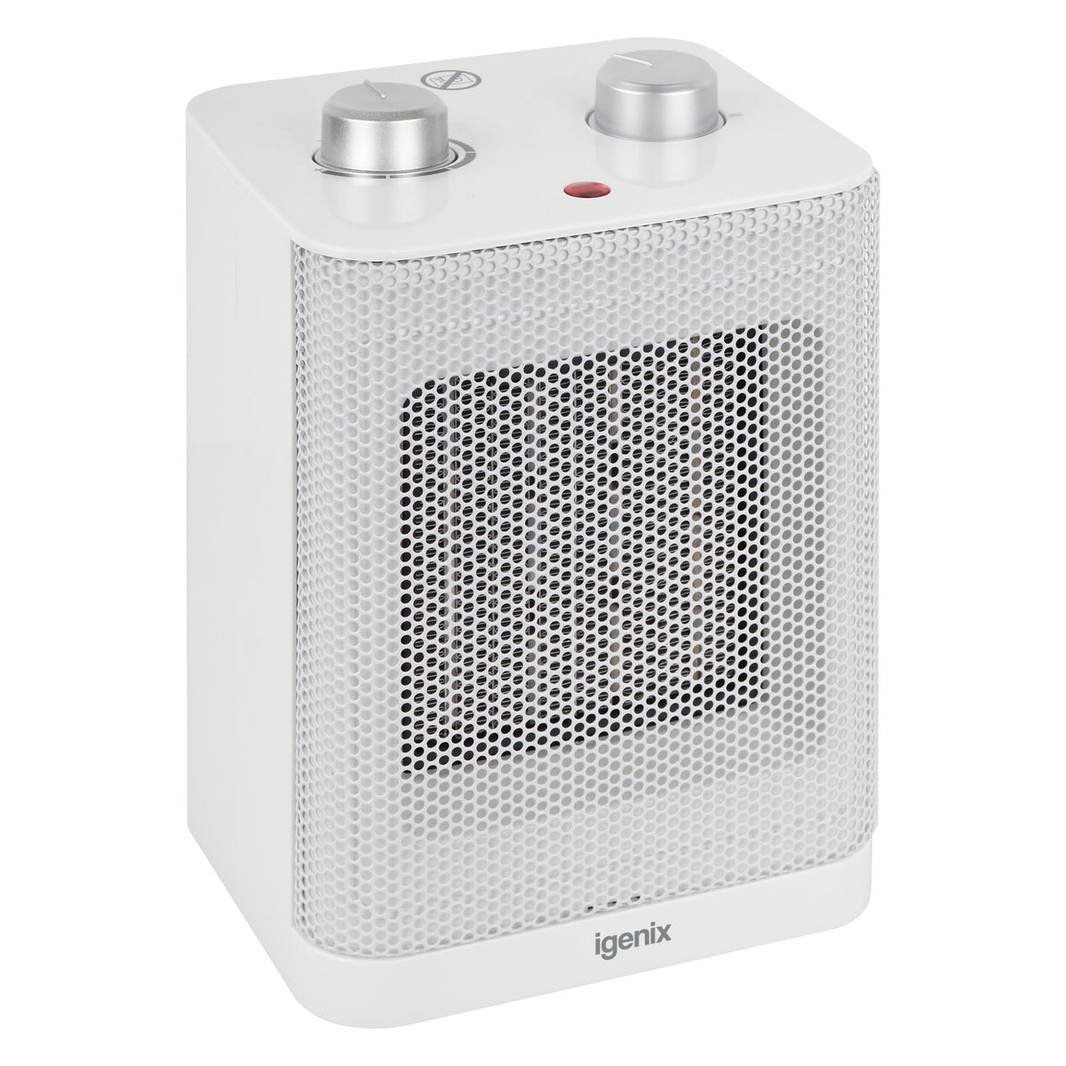 Igenix Tabletop Fan Heater, 1500W, White, with two silver control knobs on top and a front mesh grille.