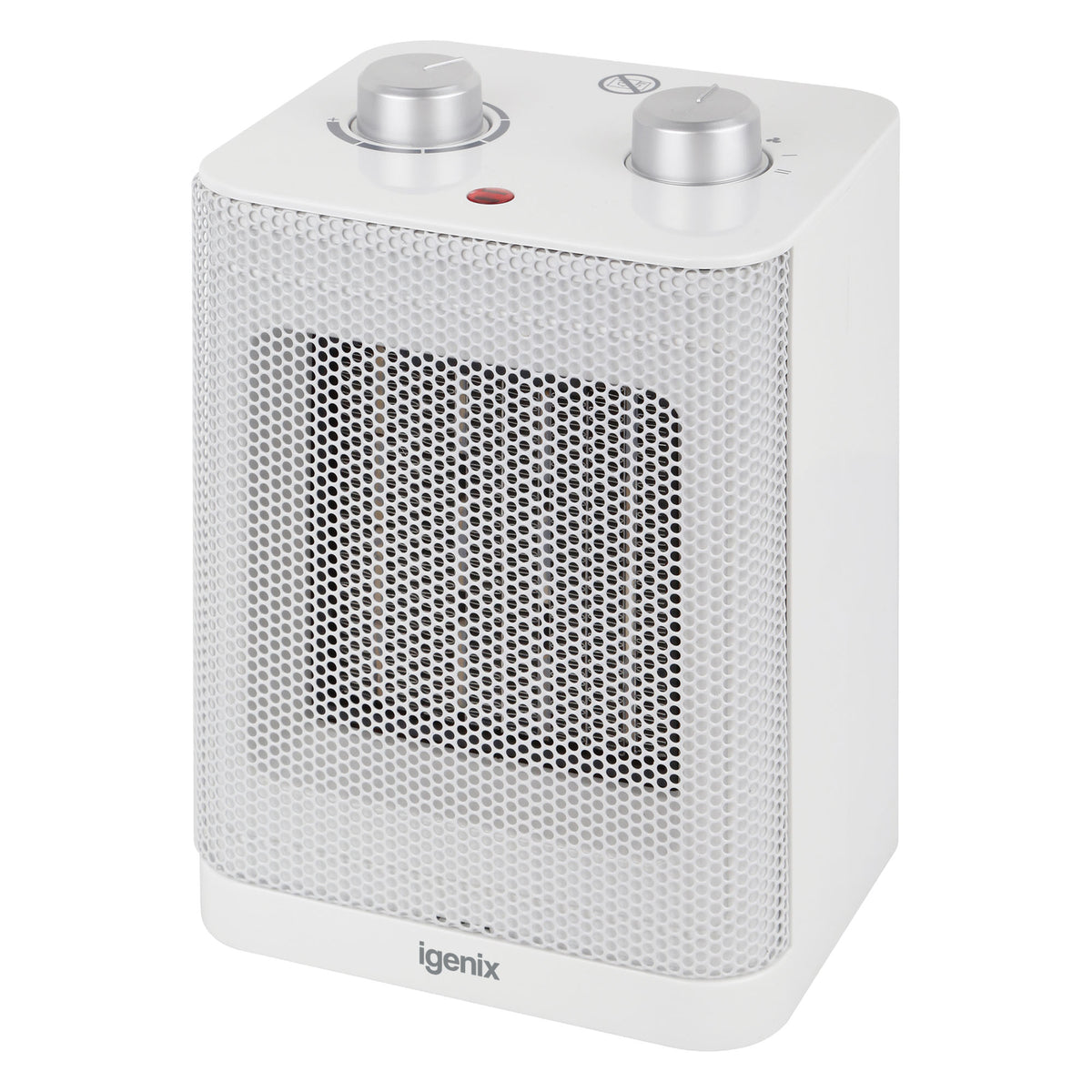 Igenix Tabletop Fan Heater, 1500W, White, featuring two silver control knobs on top and a front mesh grille.