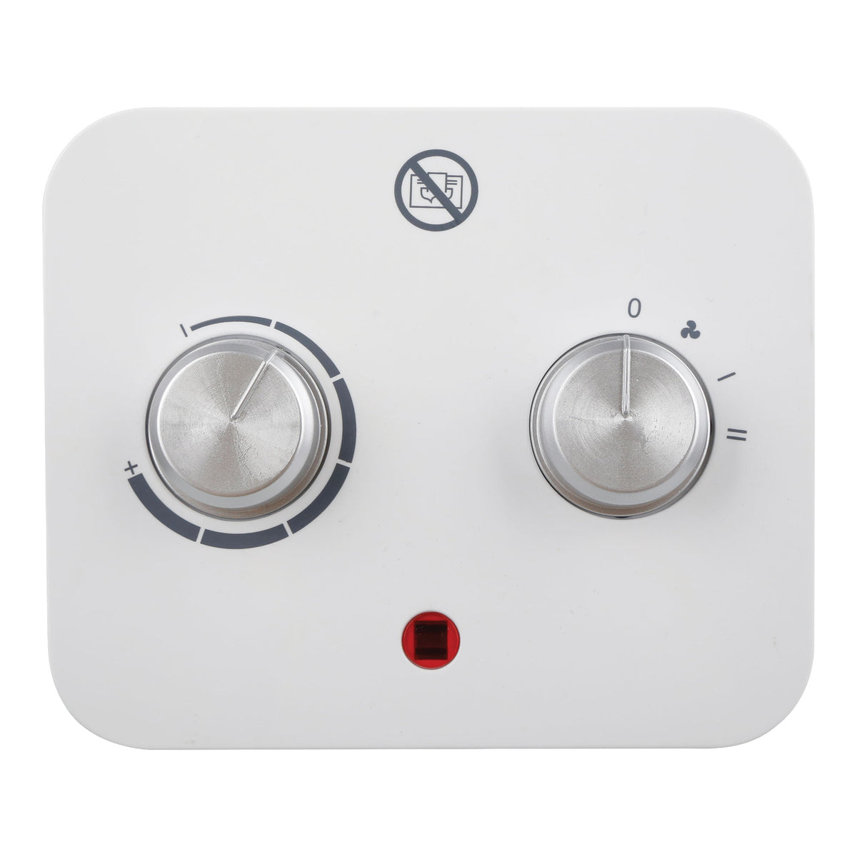 Control panel of a white Igenix Tabletop Fan Heater, 1500W, White, featuring two silver knobs, a red power indicator light, and a do-not-cover warning icon.