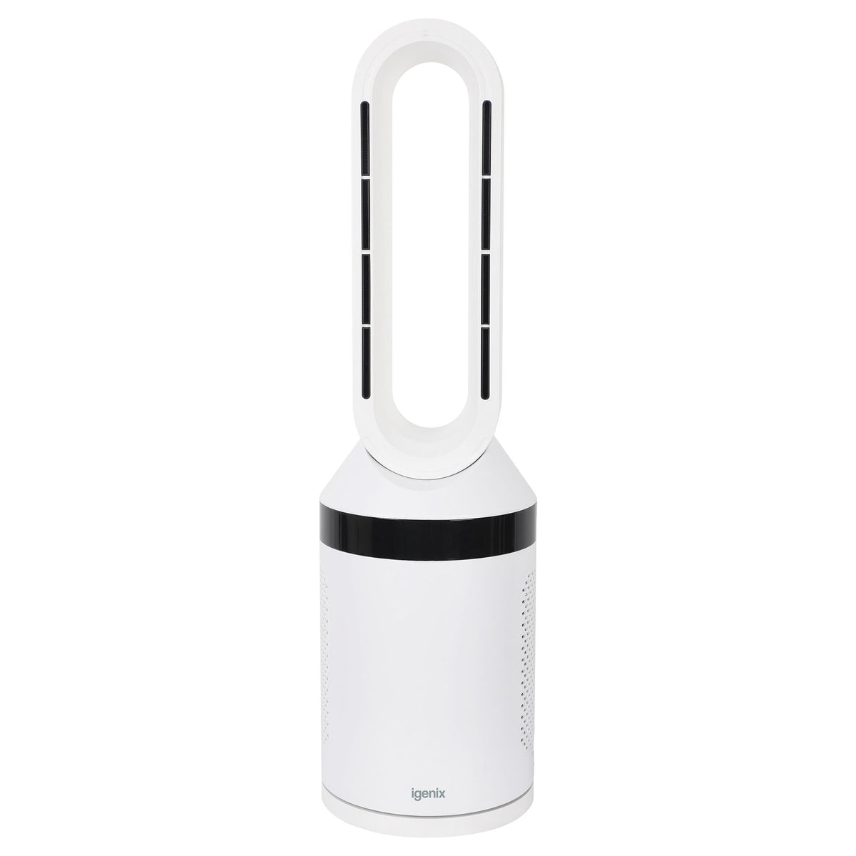 Tall white Igenix 2000W Bladeless 2-in-1 Fan Heater with a cylindrical base and elongated oval air outlet.