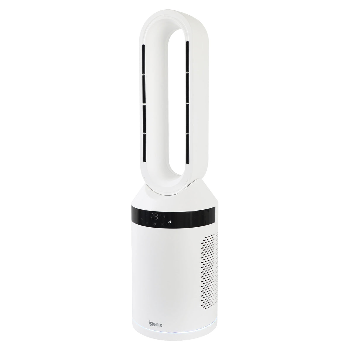 White Igenix 2000W Bladeless 2-in-1 Fan Heater with a digital display on the circular base.