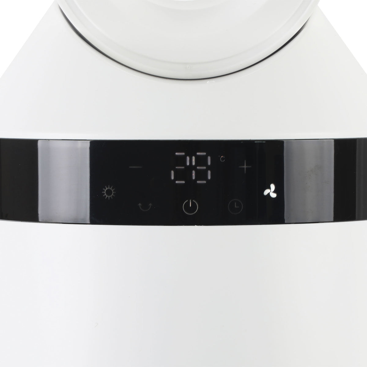 Close-up of the Igenix 2000W Bladeless 2-in-1 Fan Heater digital control panel, showing a temperature of 28 degrees Celsius with touch-sensitive power, mode, and fan icons.